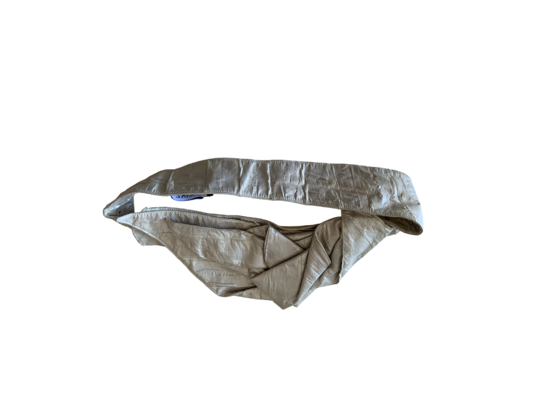 Back of metallic silver eel skin rosette adjustable belt