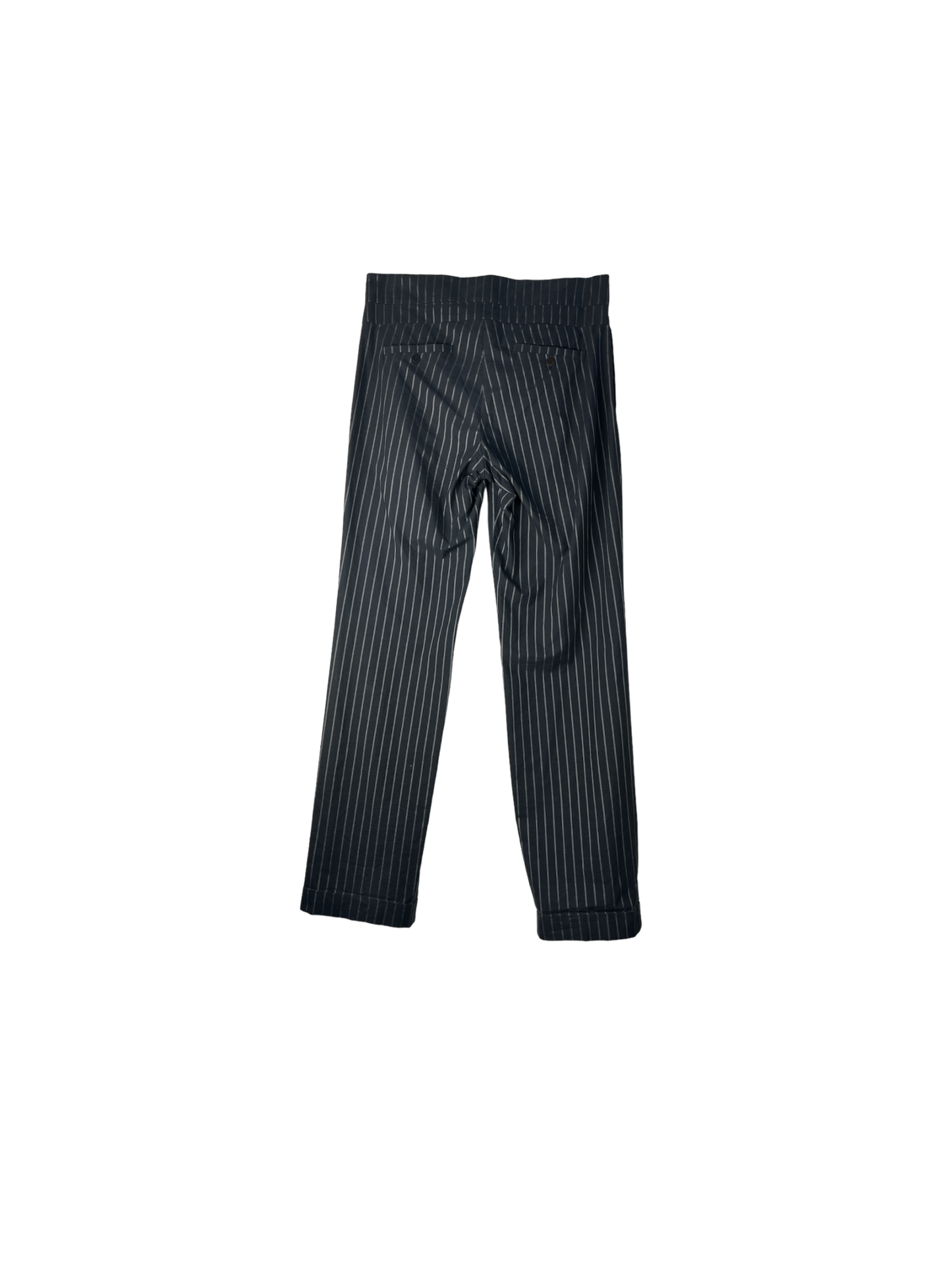 Back of black pants with folded legs in black and white striped color
