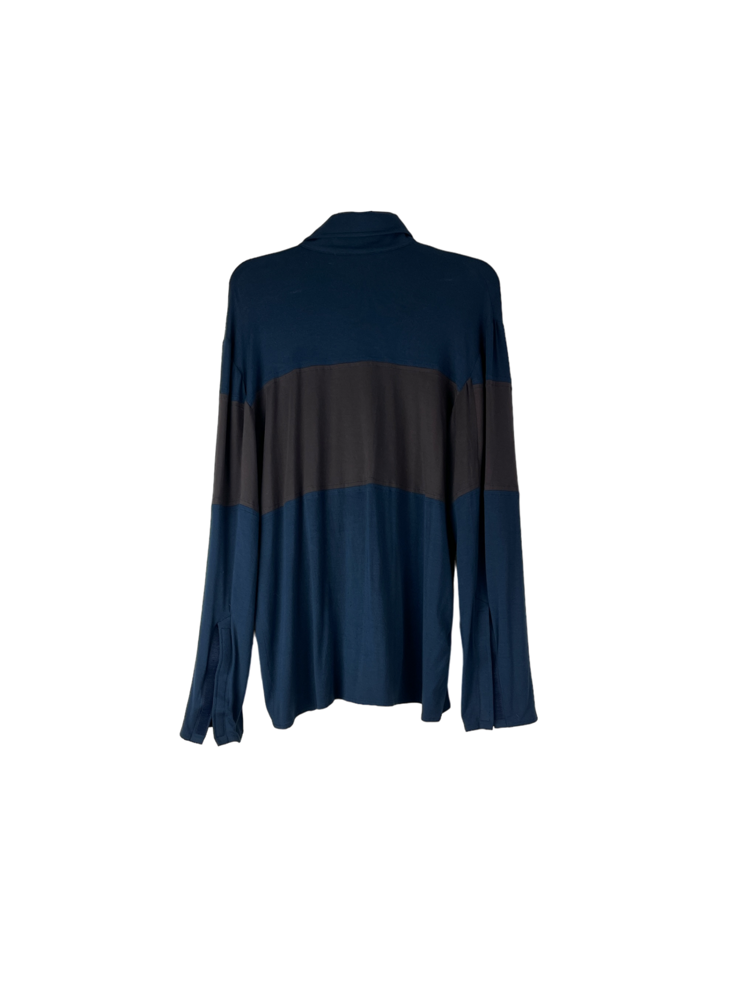 Navy blue and black color-blocked shirt on a white background