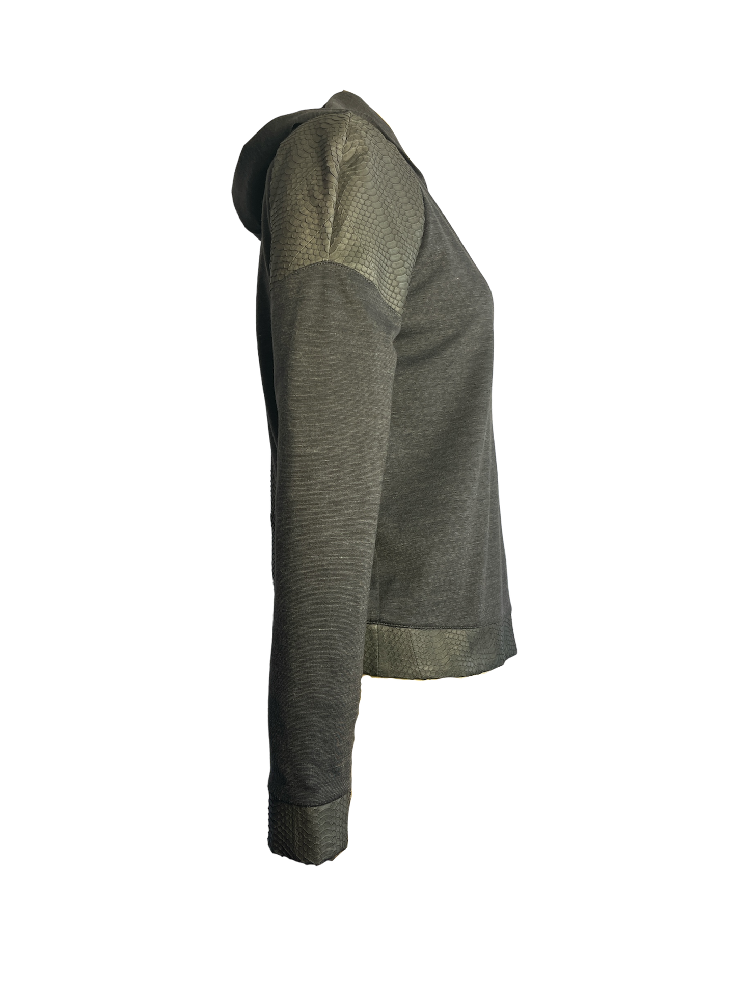Side of Trimmed hoodie with silver zipper