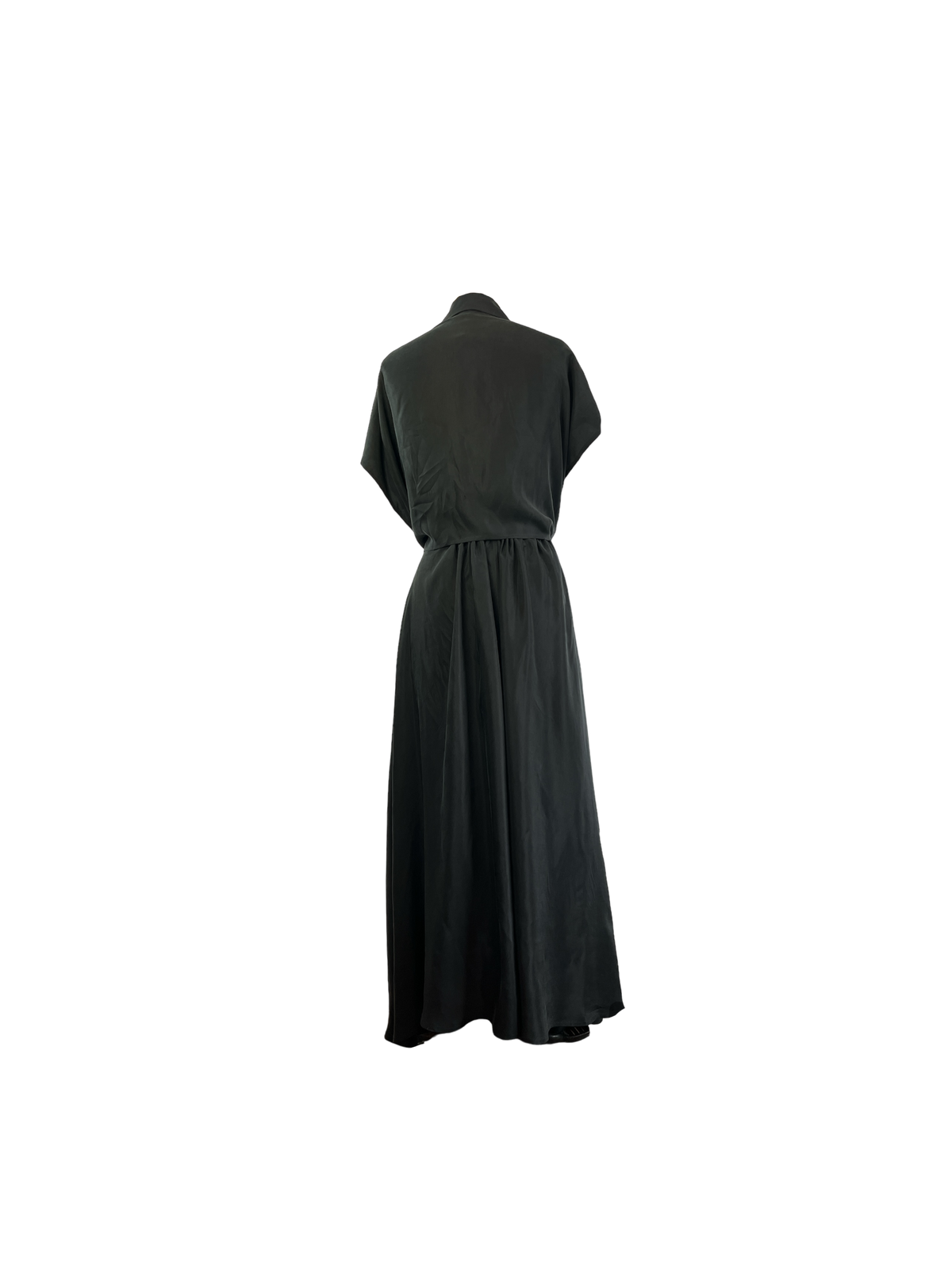 Back of black cupro dress with an adjustable waist and button detailing