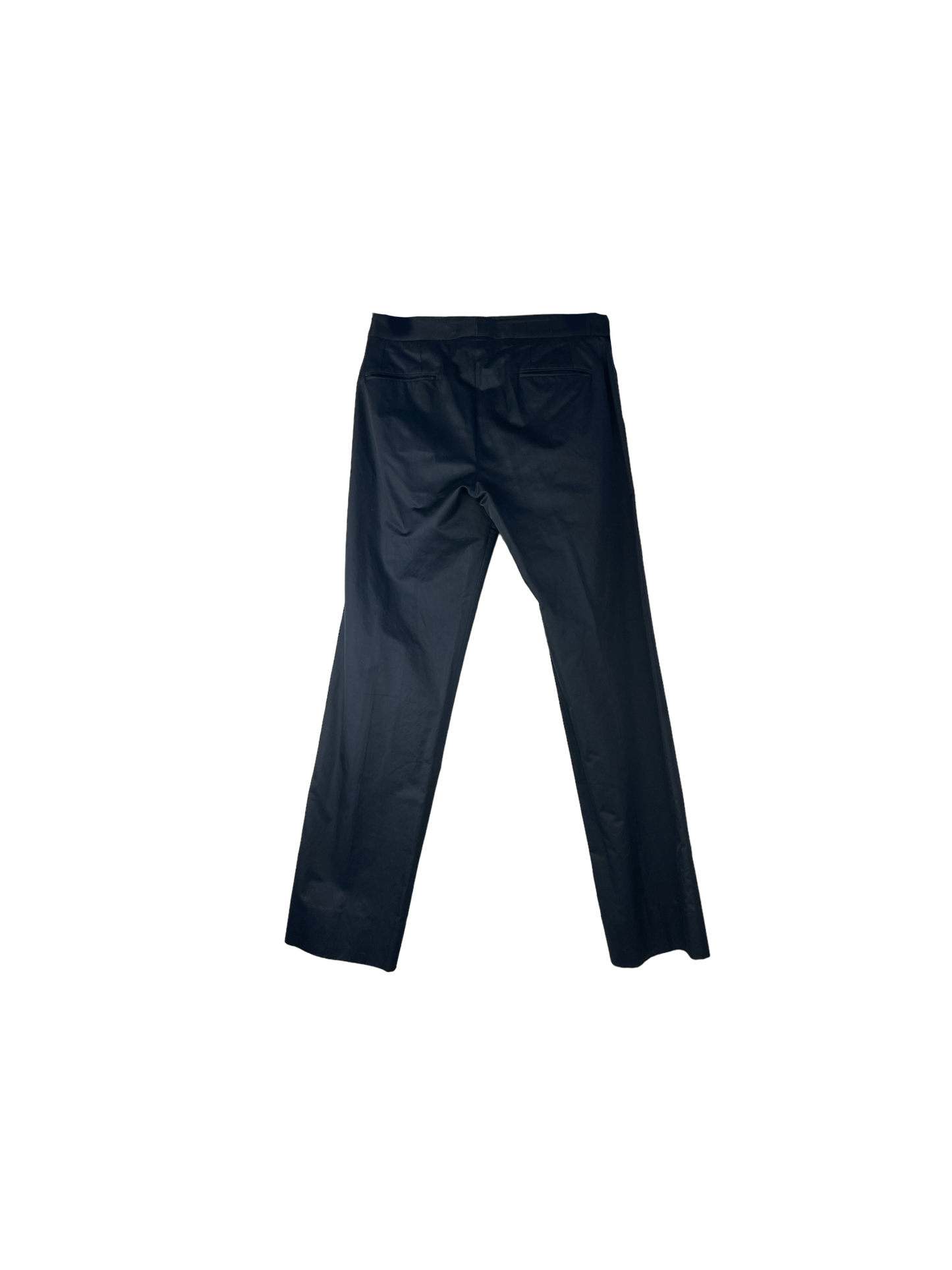 Back of black satin pants with side buckle belt detail