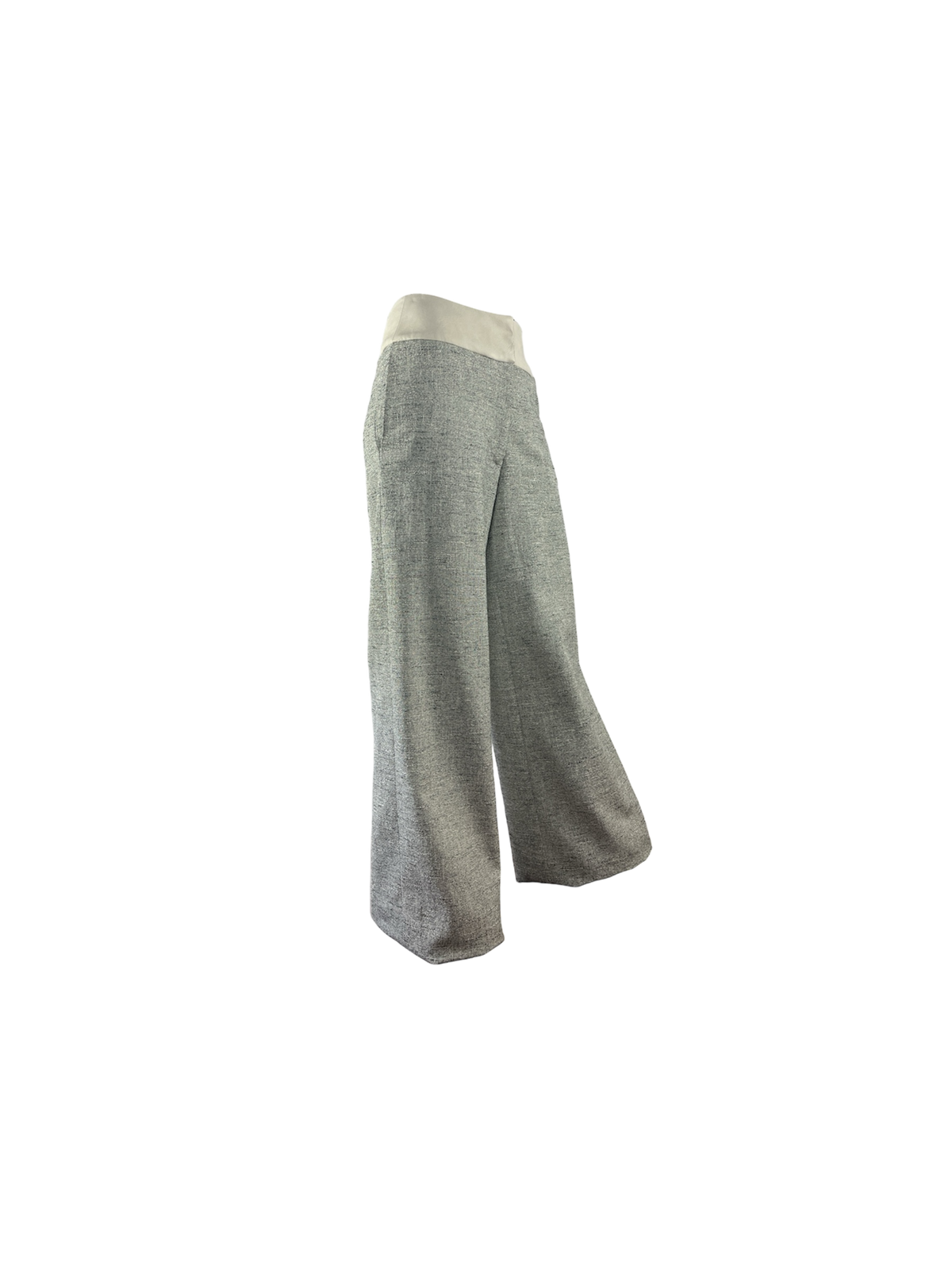 A pair of wide-leg knit pants in heather gray with a contrasting light beige, vegan leather waistband