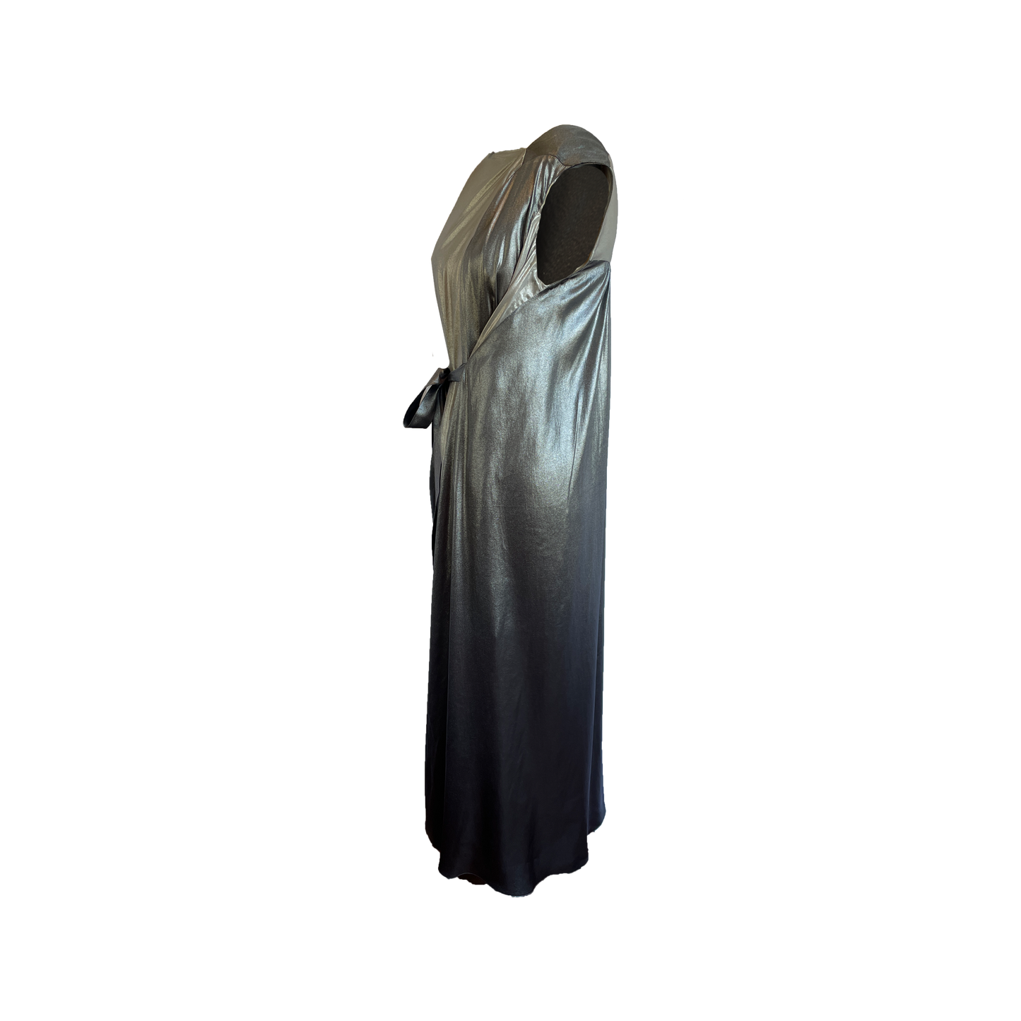 Long metallic silver and gunmetal dress on a white background