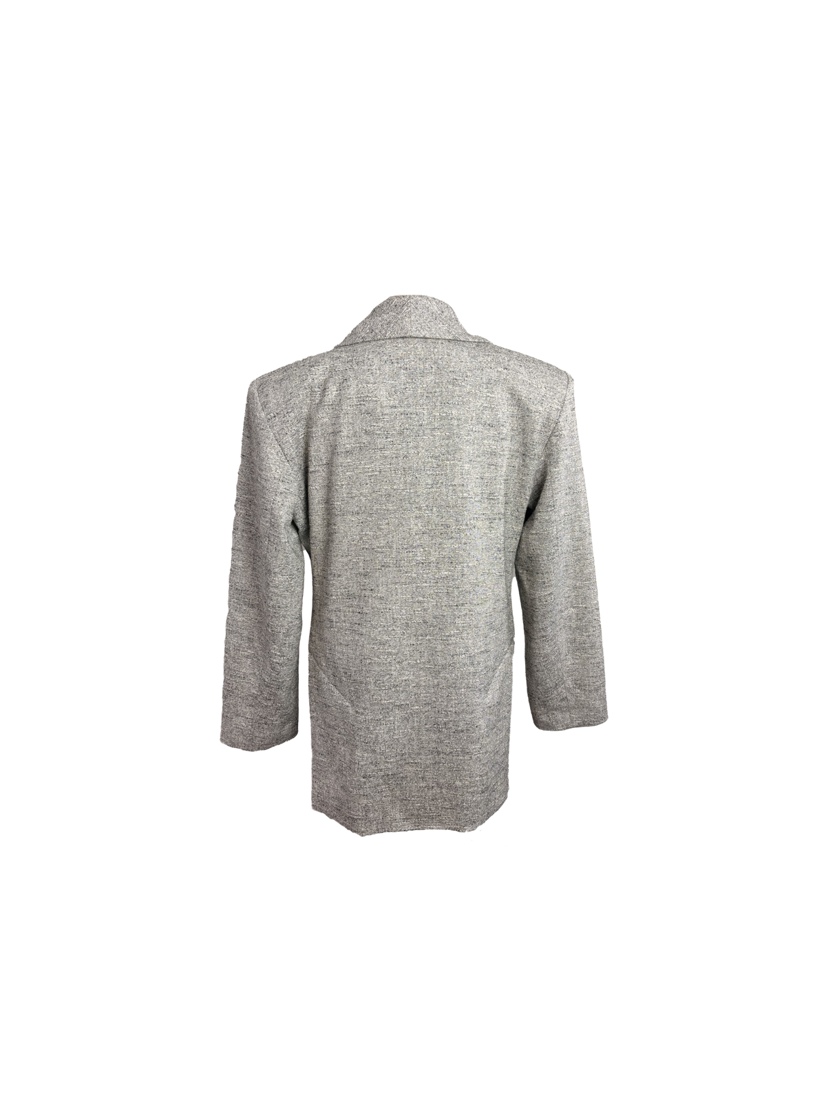 Back of double breasted gray blazer with a unique, gritty texture.