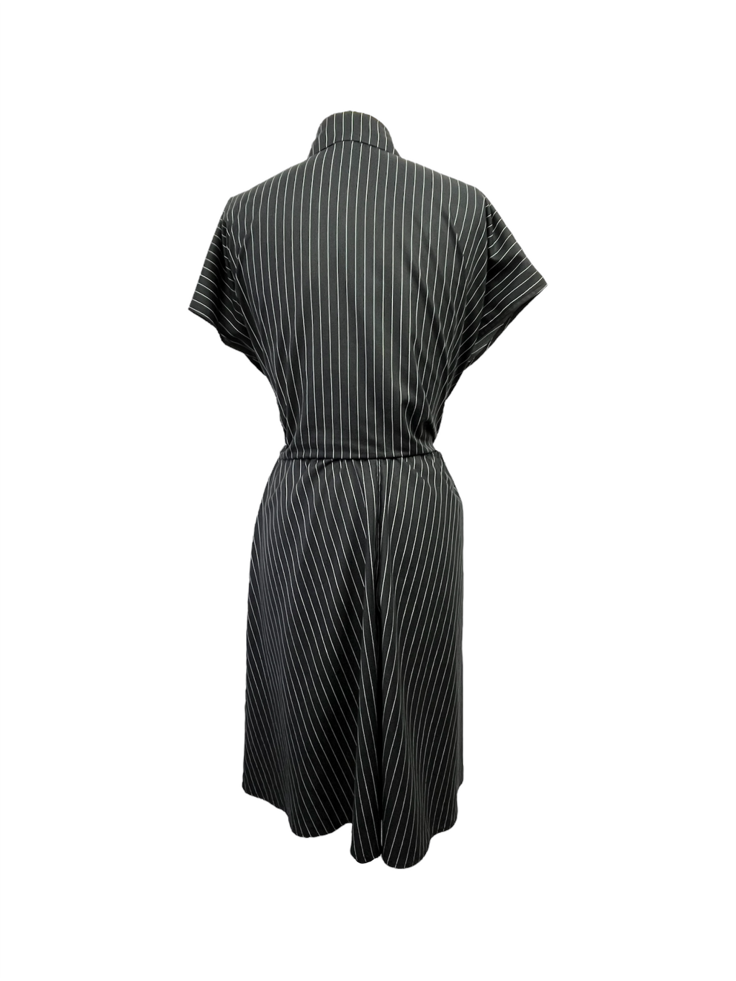 Black and white striped dress with a tie belt and collar on a white background