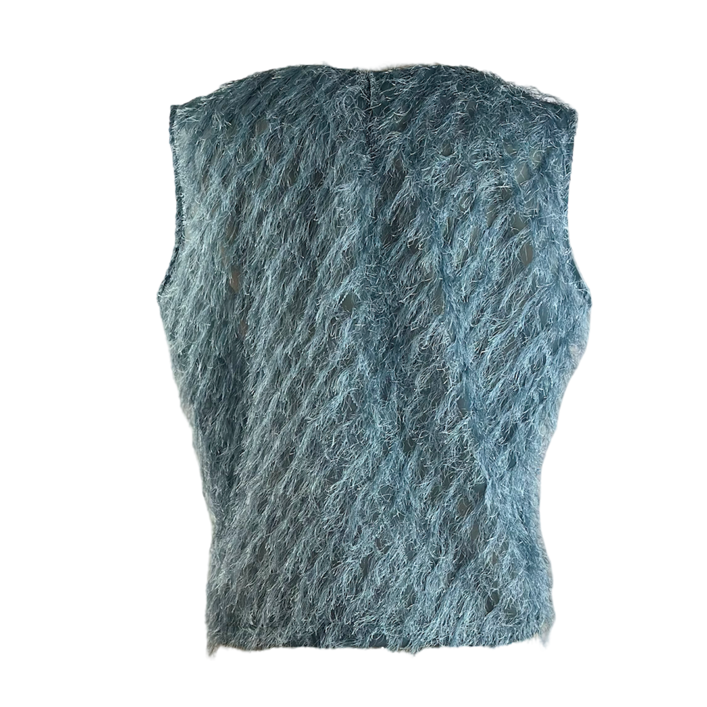 Back of blue boxy top with soft light jade fringe