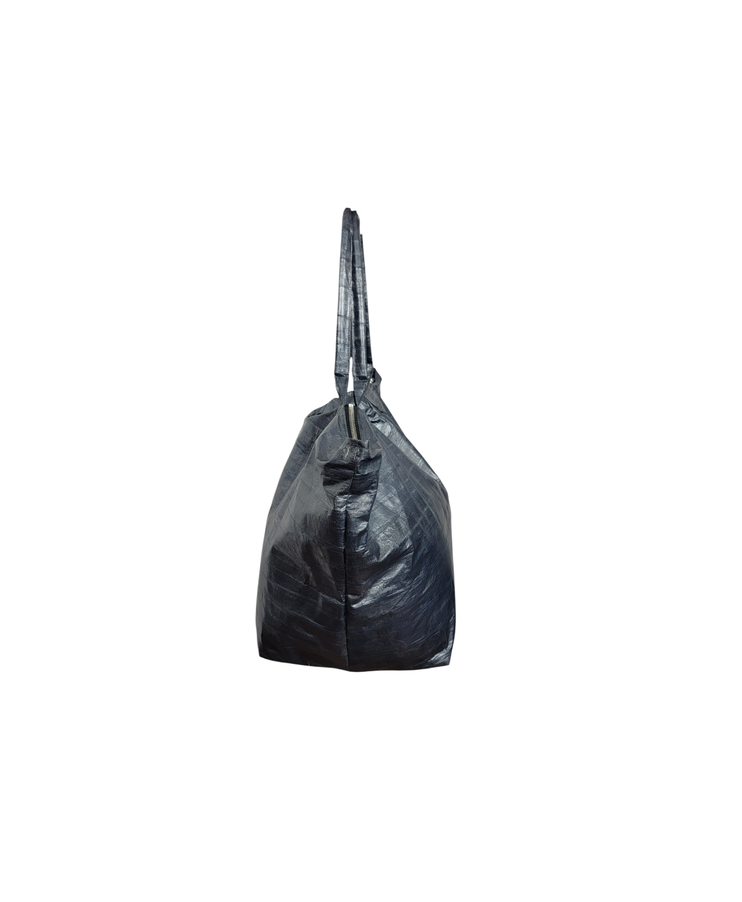A blue eelskin leather tote bag with a prominent silver star-shaped hardware accent on the front