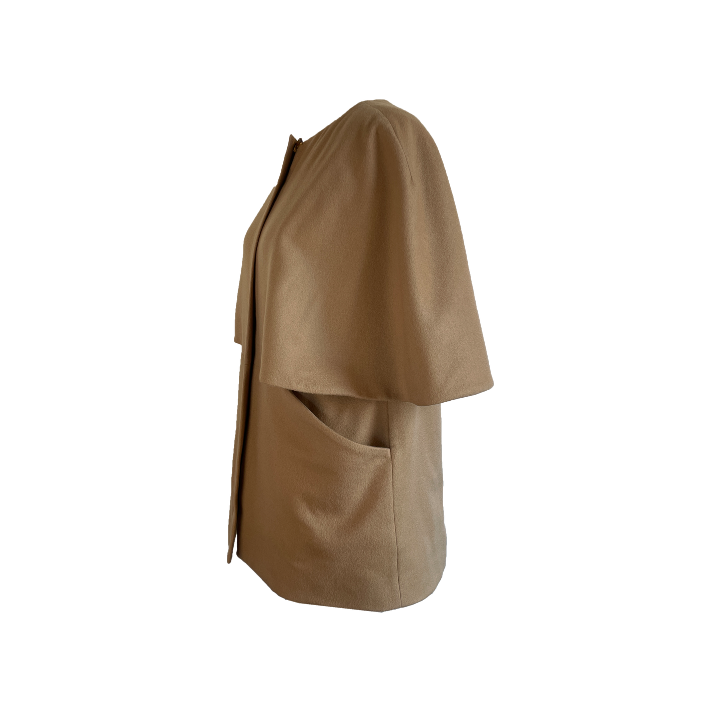 Left side of Cashmere cape style coat with pocket detailing