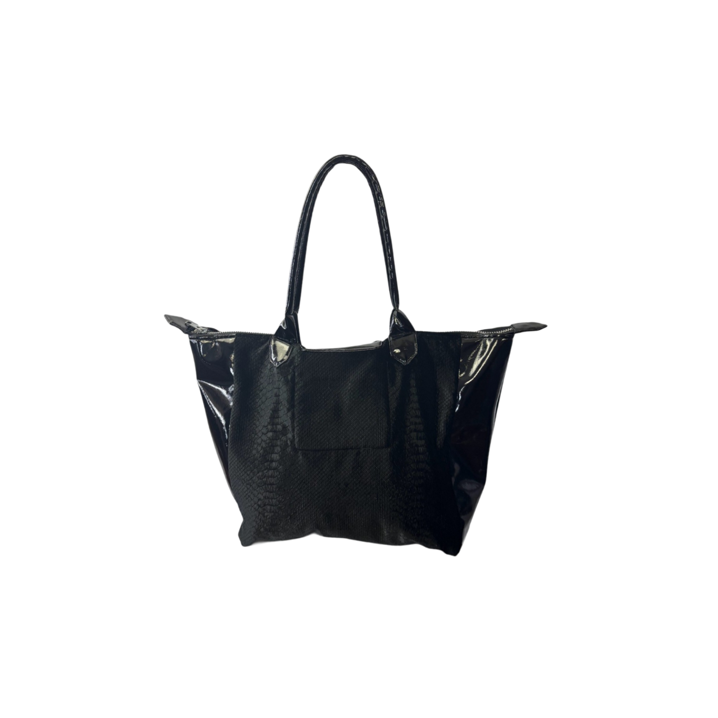 A black crocodile velvet bag with glossy patent leather side panels, and a prominent silver star-shaped metal clasp on the front