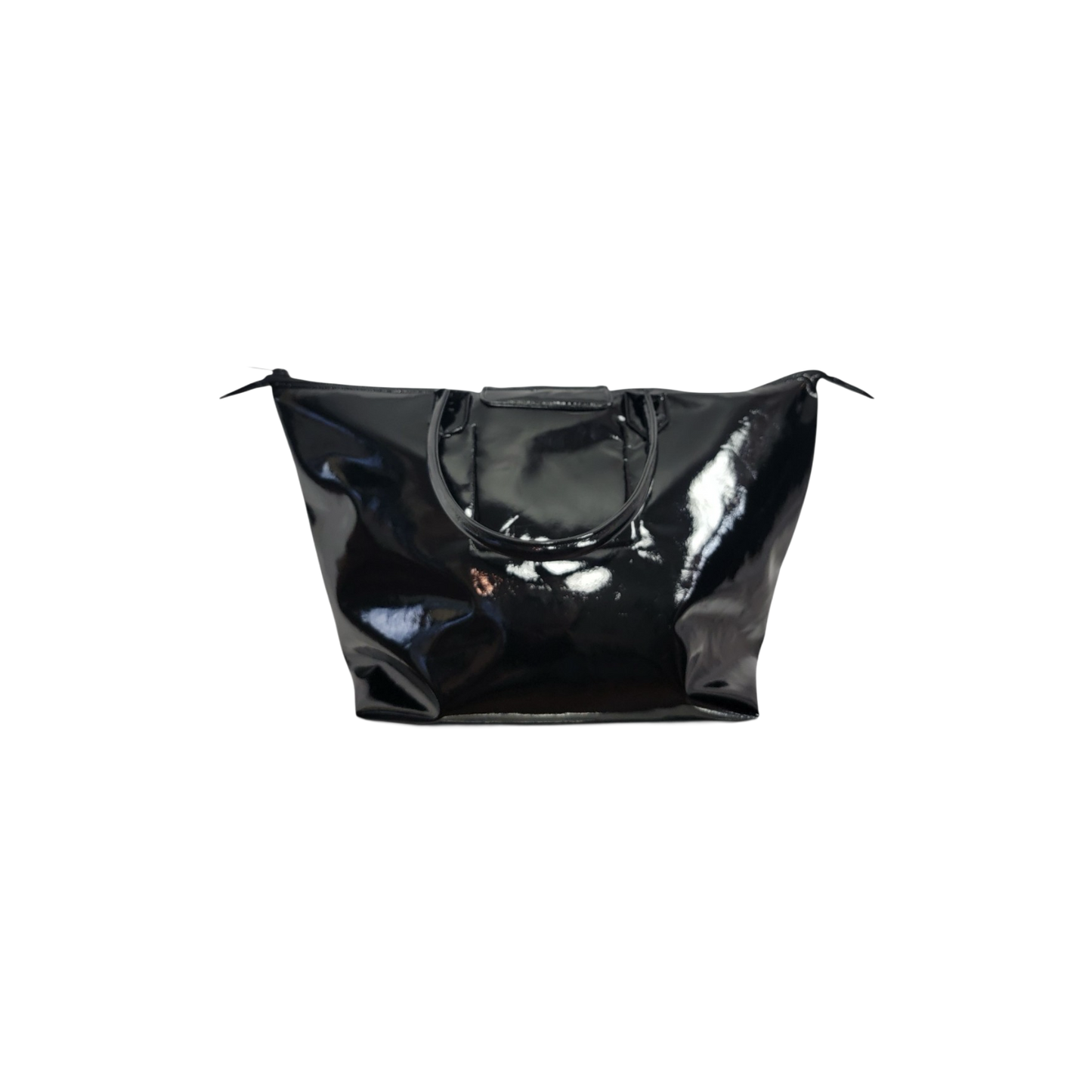 A shiny black patent leather tote bag with a central silver star emblem