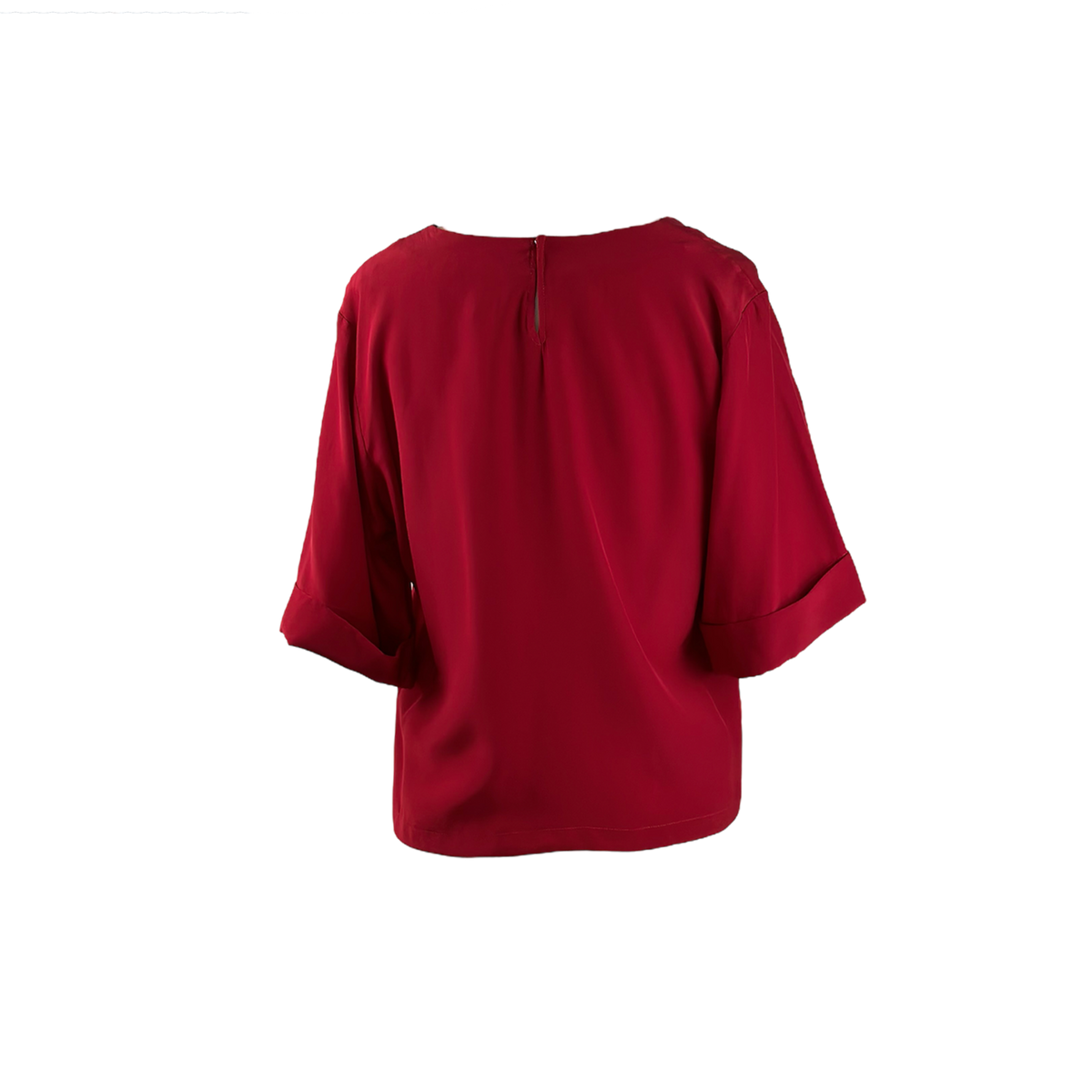 Back of red silk charmeuse elegant top.