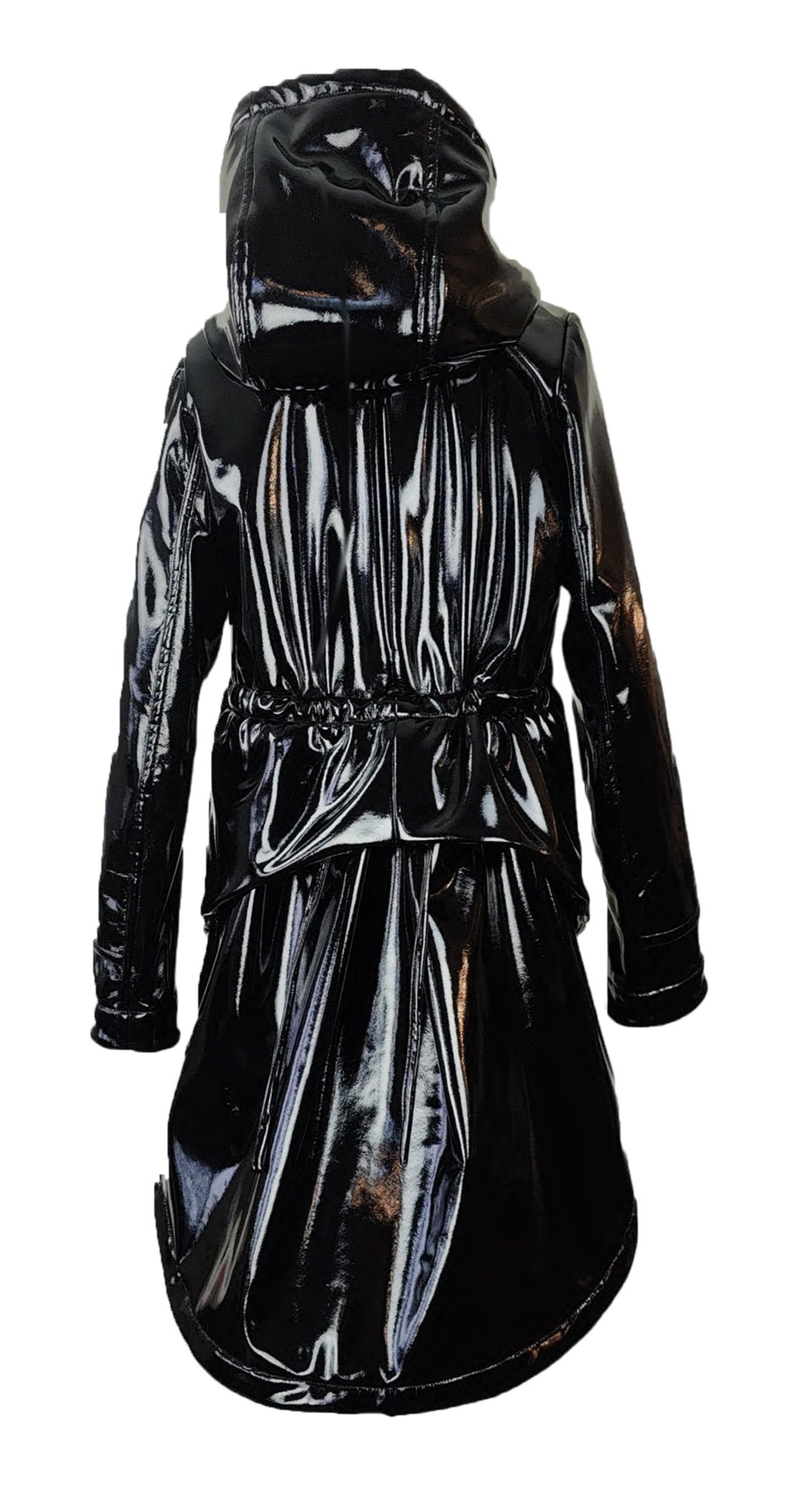 Back of patent black rain coat made of water-repellant, metallic, and reflective fabric with an adjustable creating a peplum effect and an attached hood