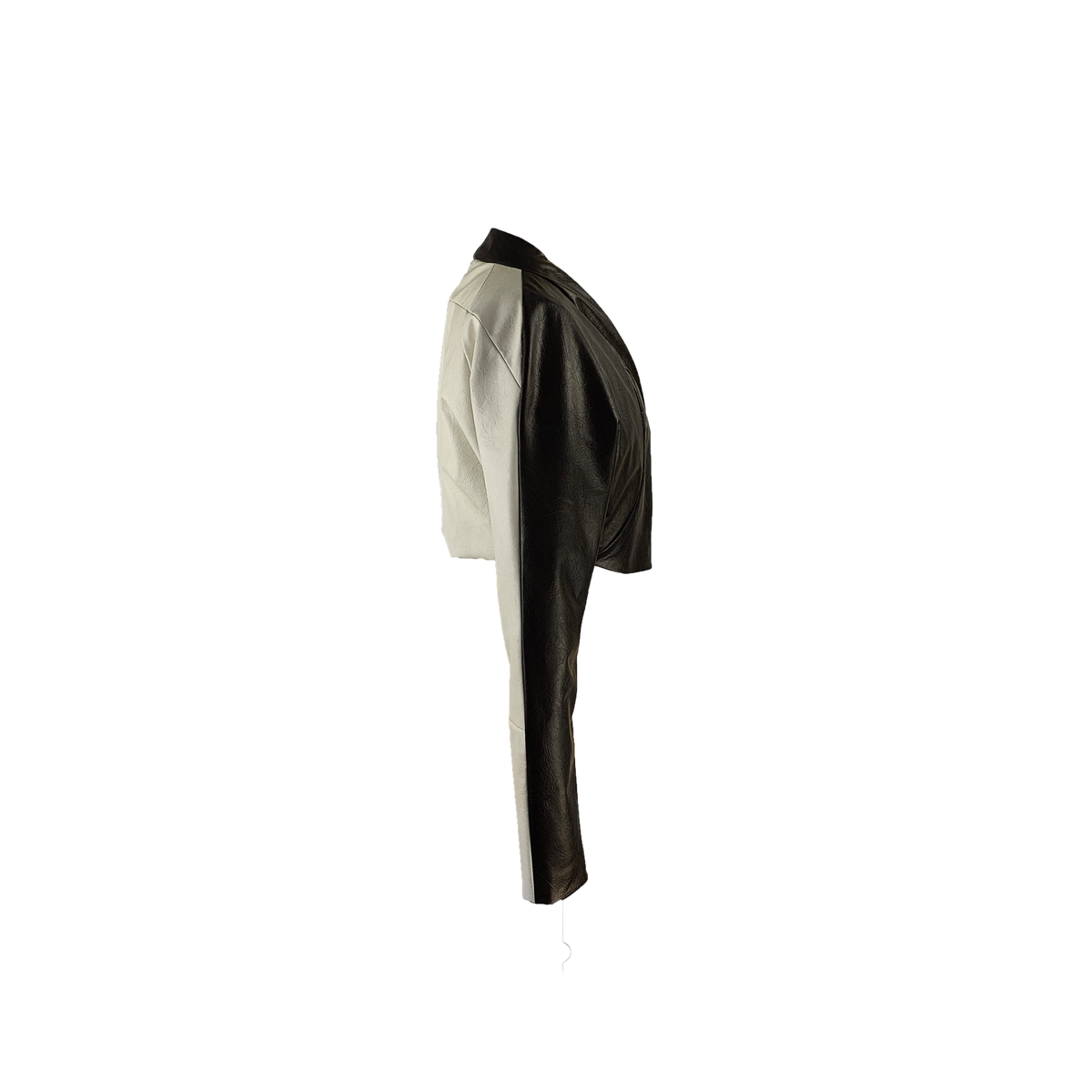 Side of faux leather jacket featuring both white and black colors.