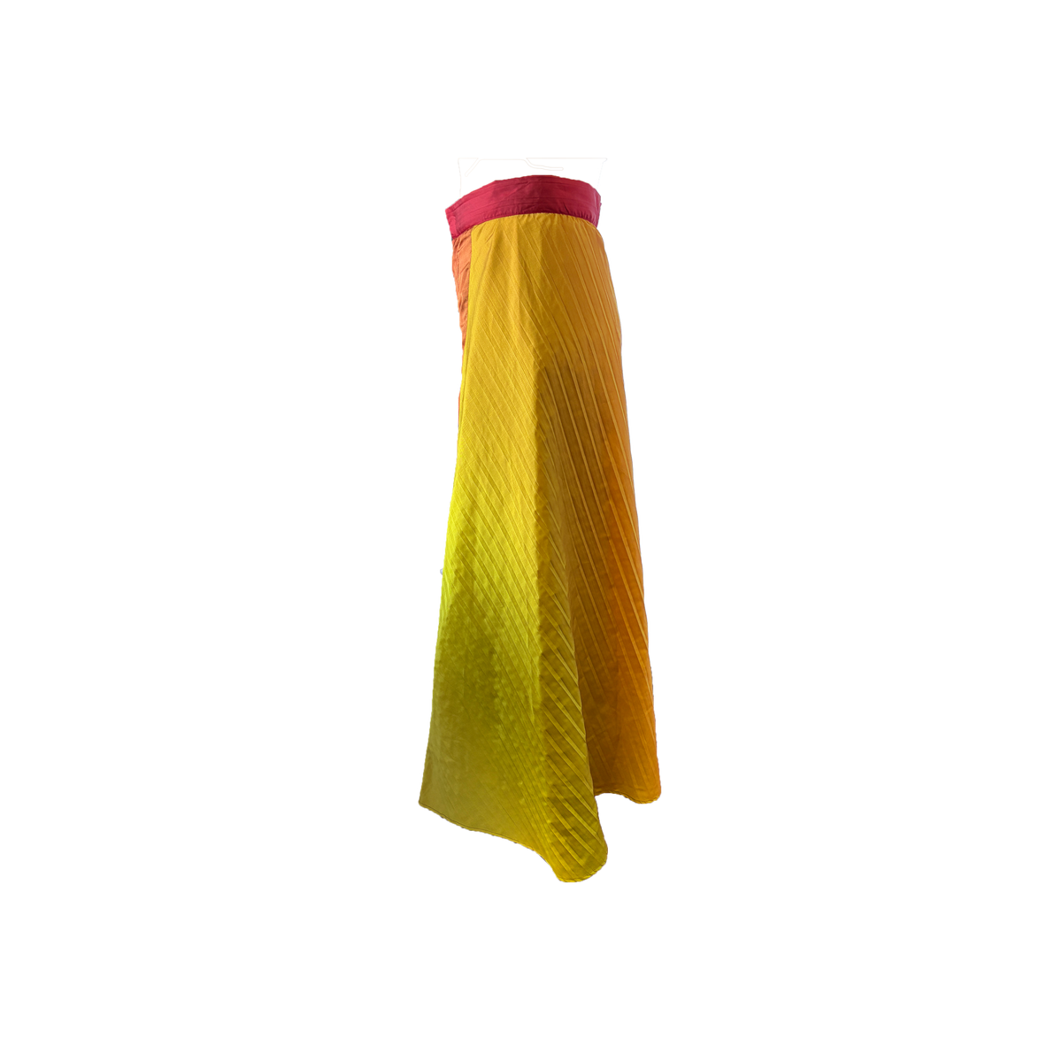 Side of pants featuring sections of yellow and orange with a red waistline.