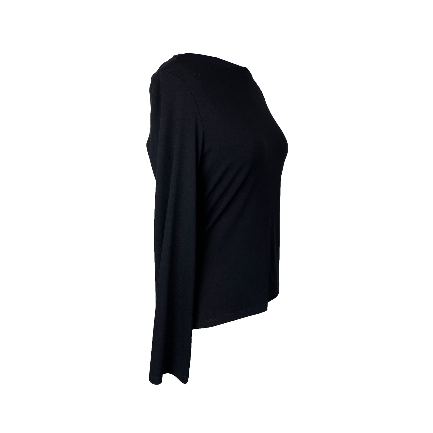 Side of Black cowl boat neck top with drapery in the back