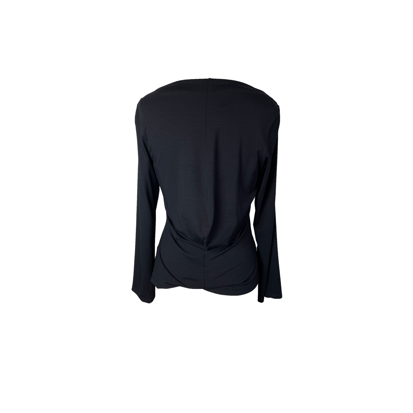 Back of black cowl boat neck top with drapery in the back