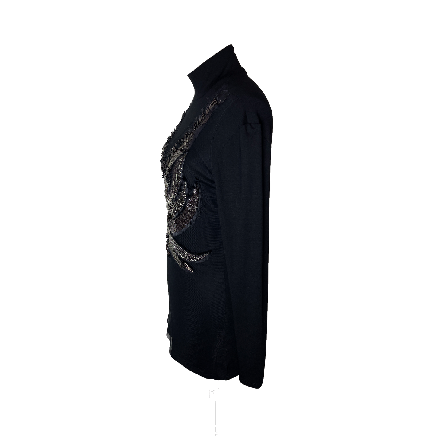 Side of black leather and metallic embroidered top