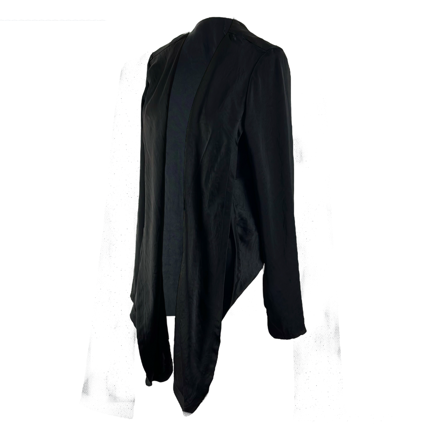 Side of black deconstructed Tuxedo Top, with front draping detail