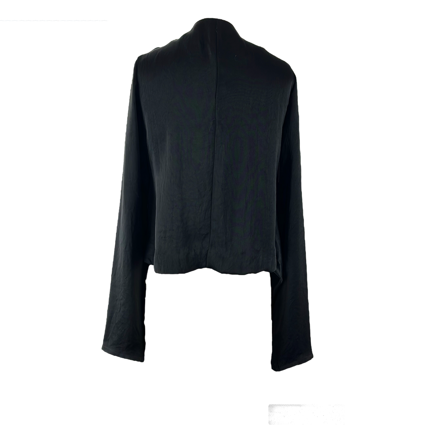 Back of black deconstructed Tuxedo Top, with front draping detail