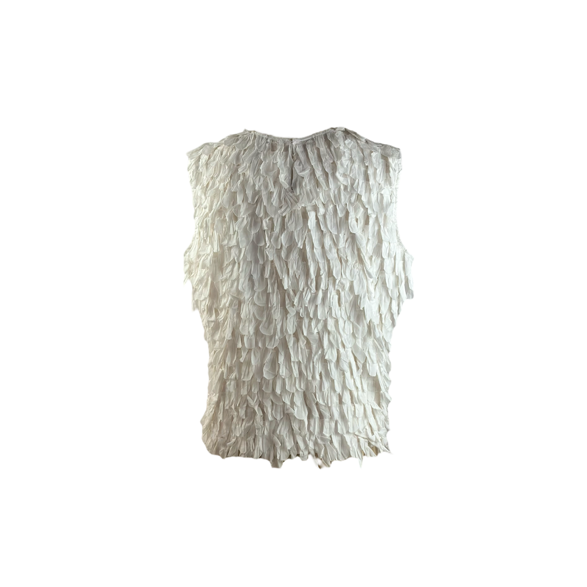 Back of white crropped boxy top with fringed white cotton petals