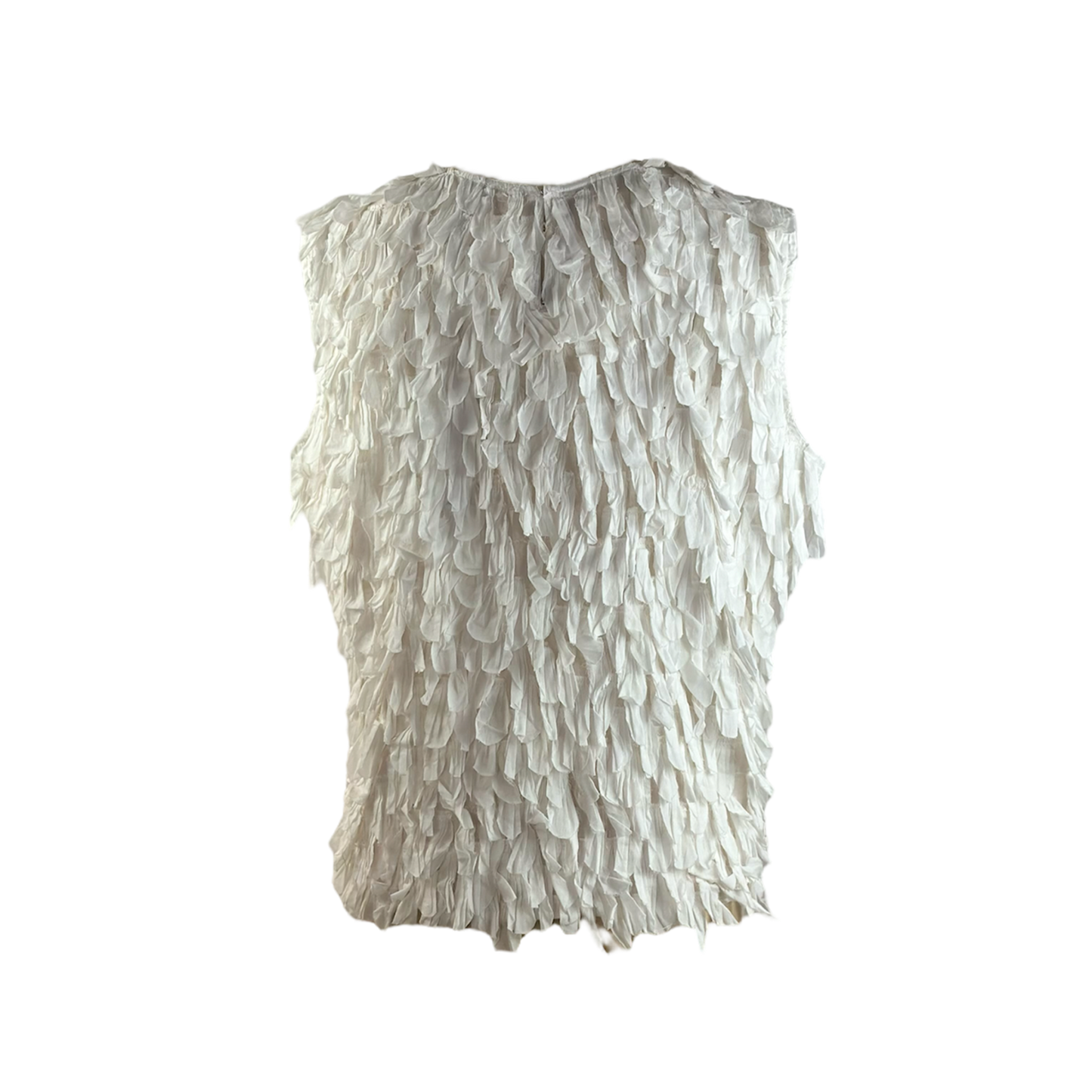 Back of white crropped boxy top with fringed white cotton petals