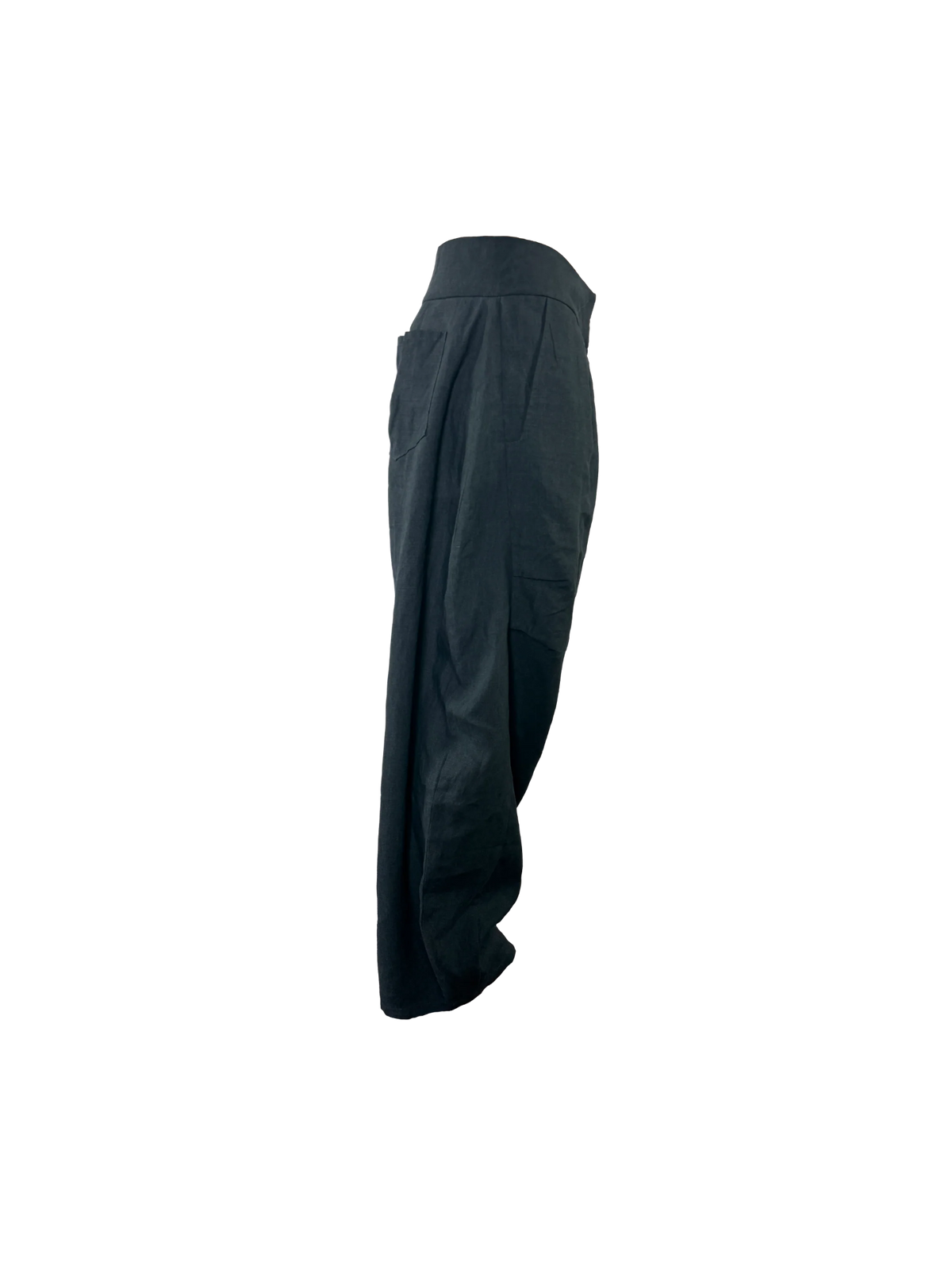 A pair of gray wide-leg trousers with a pleated front and gathered cuffs