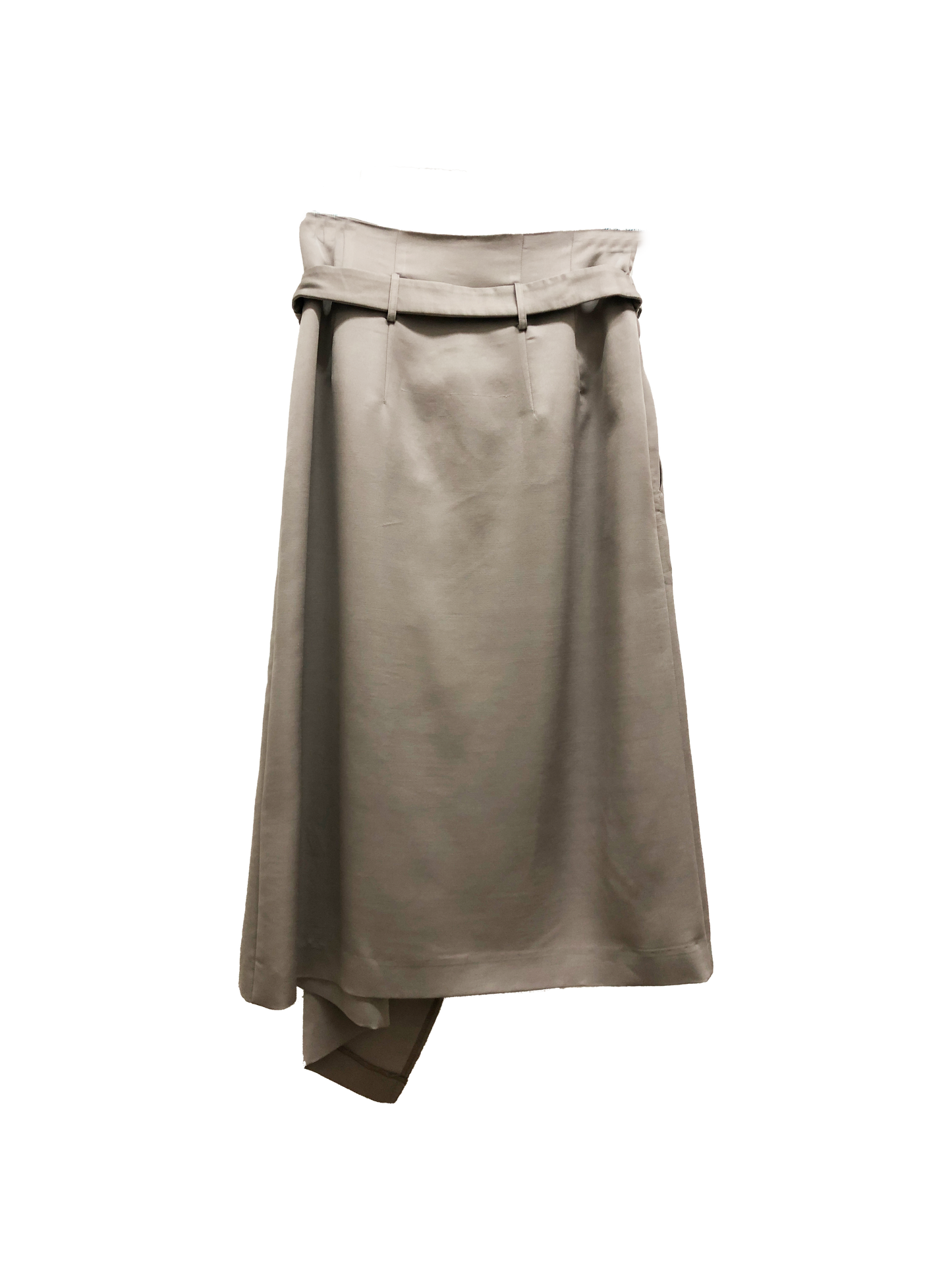 Back of beige mid-calf length front wrap skirt with a self tie belt made from Japanese cotton and viscose satin blend