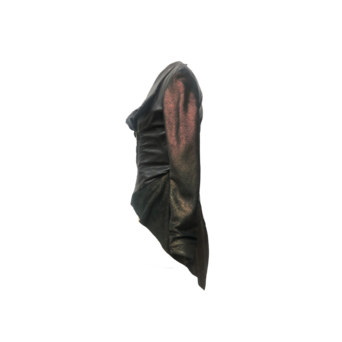 Side of black metallic scaly leather jacket with assymetric zipper and flared bottom