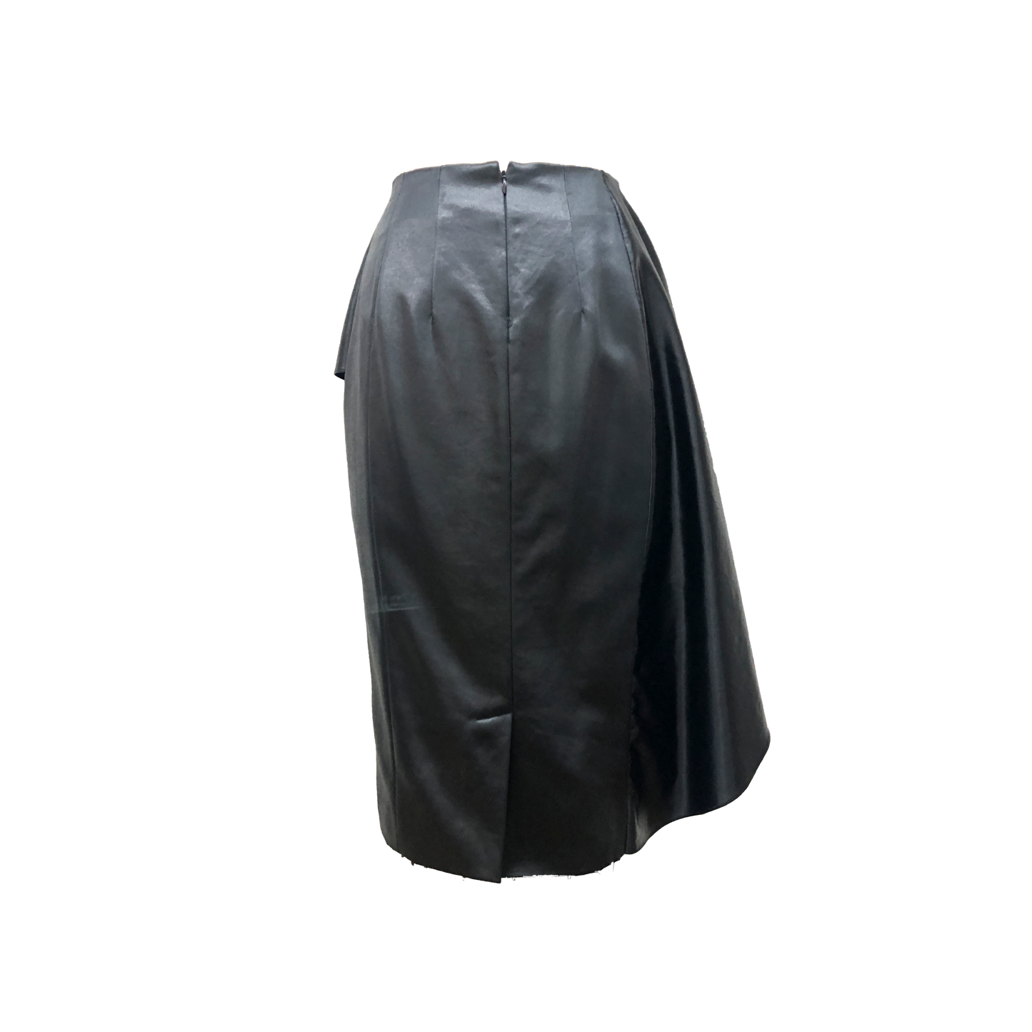 Back of shiny black cotton viscose pencil skirt with an asymmetric side flounce