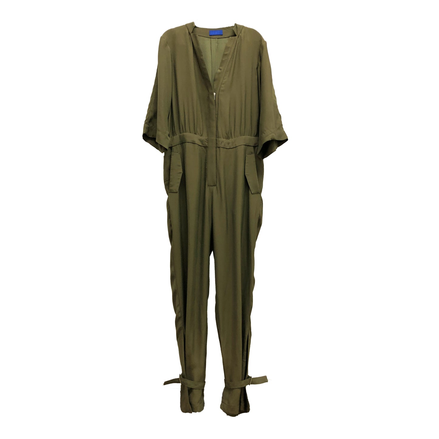 Dark sage linen, silk and viscose blend jumpsuit with drawstring waist, elbow length sleeves, and cropped length