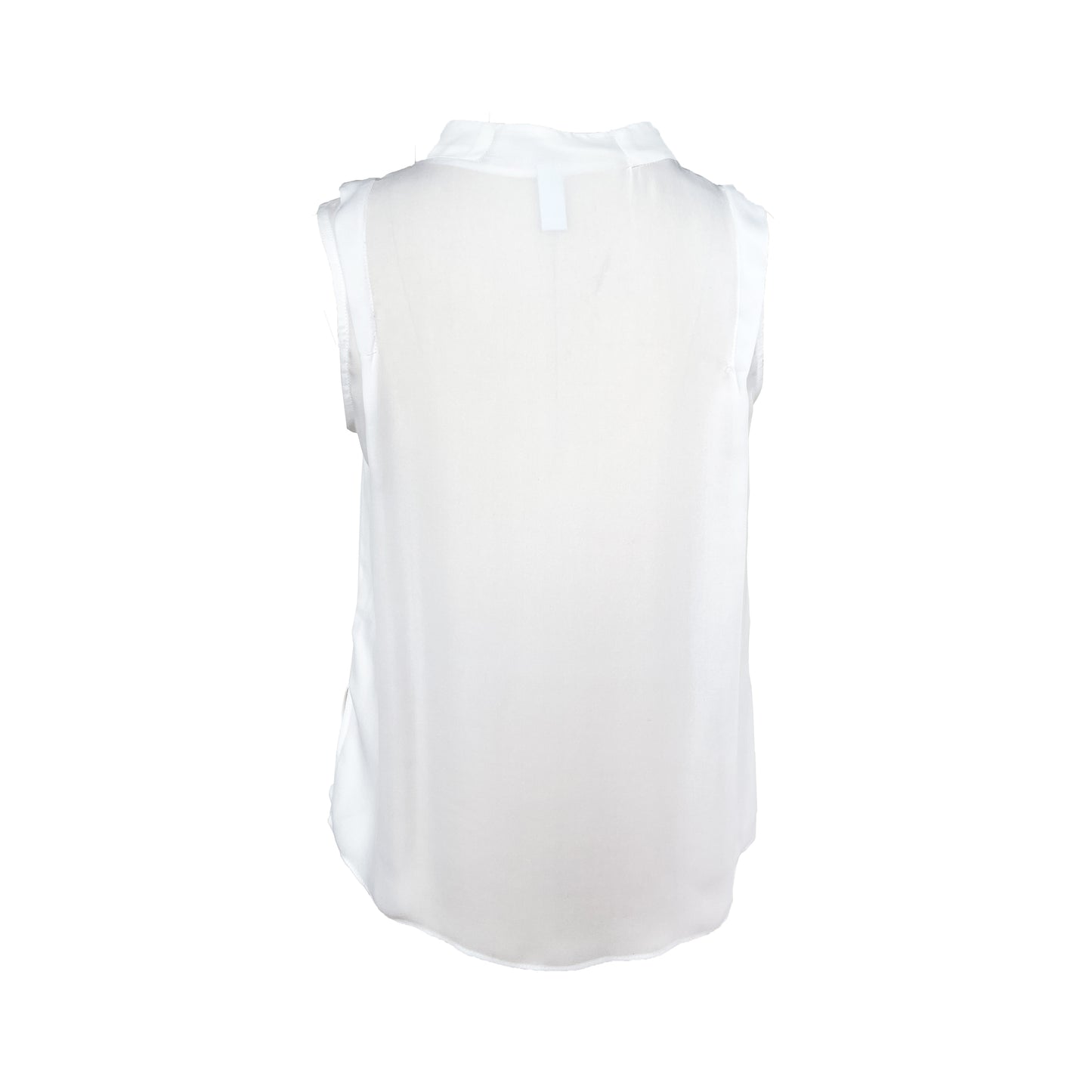 Back of white silk asymmetric top with snap closures and stand collar