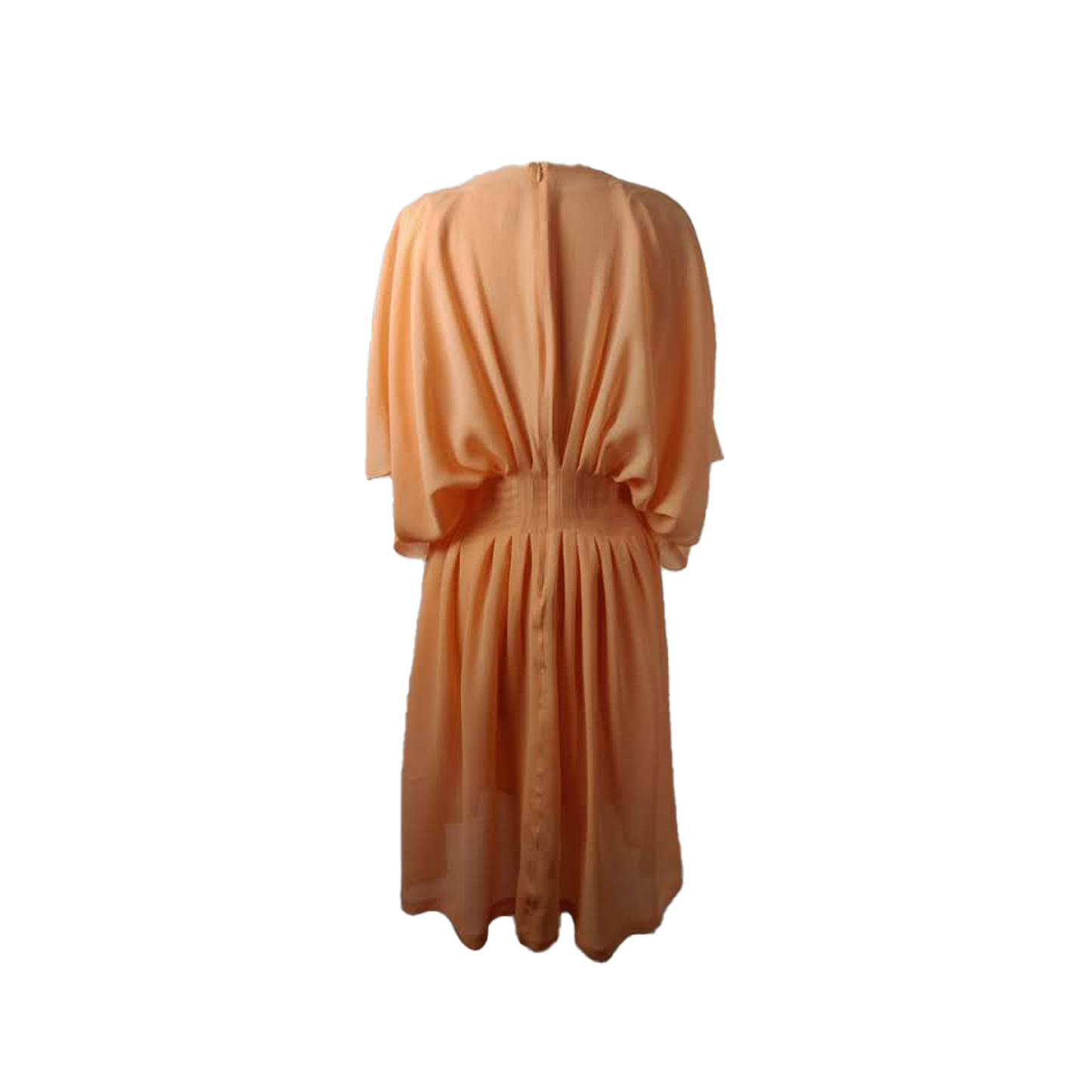 Back of loose coral v neck dress with an integrated corset waist