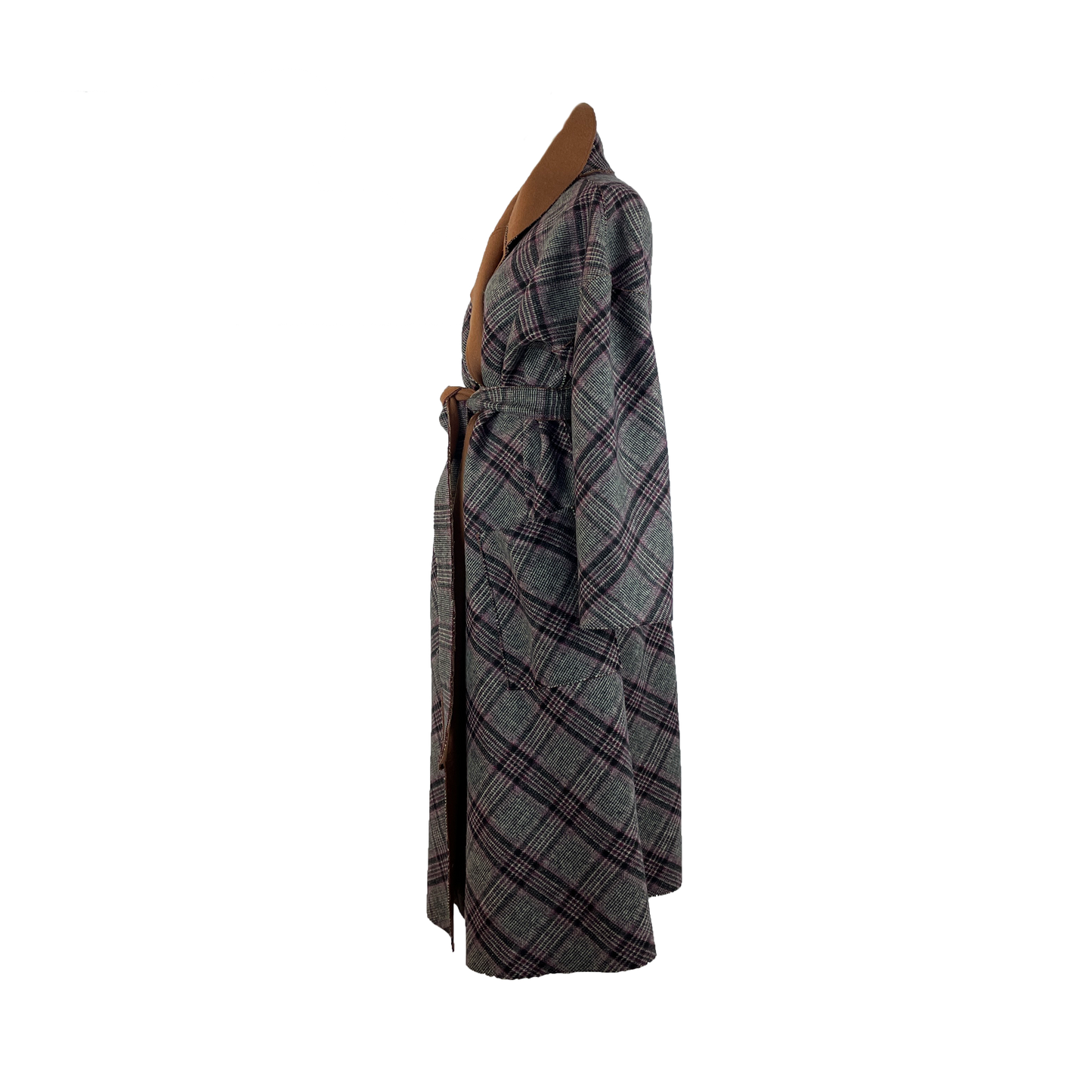 Side of double face coat in gray plaid and pecan brown with self tie belt and large pockets