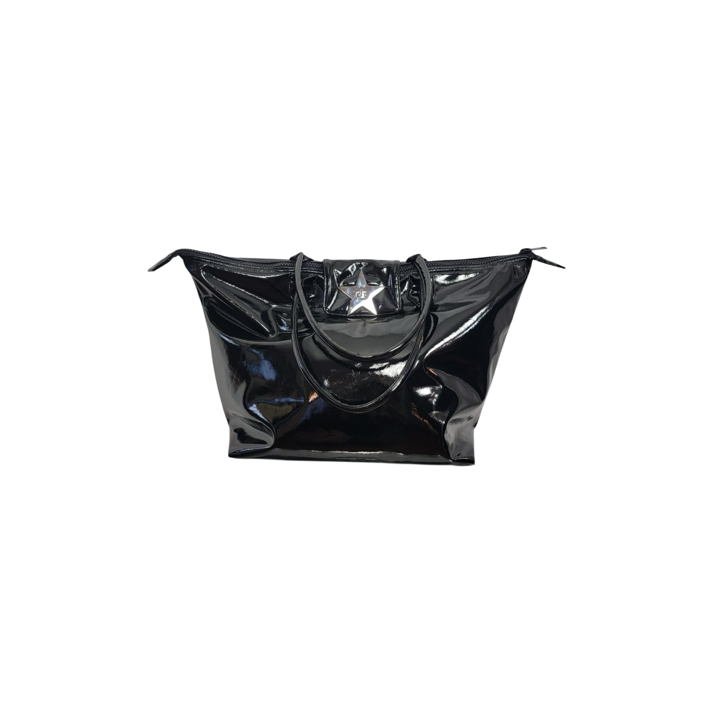 A shiny black patent leather tote bag with a central silver star emblem