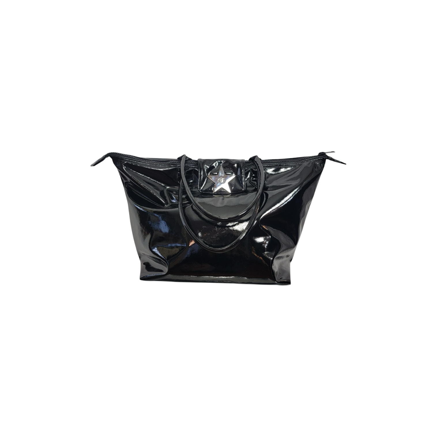 A shiny black patent leather tote bag with a central silver star emblem