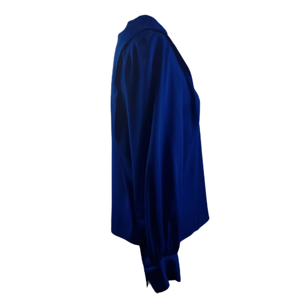 Side of navy silk blouse