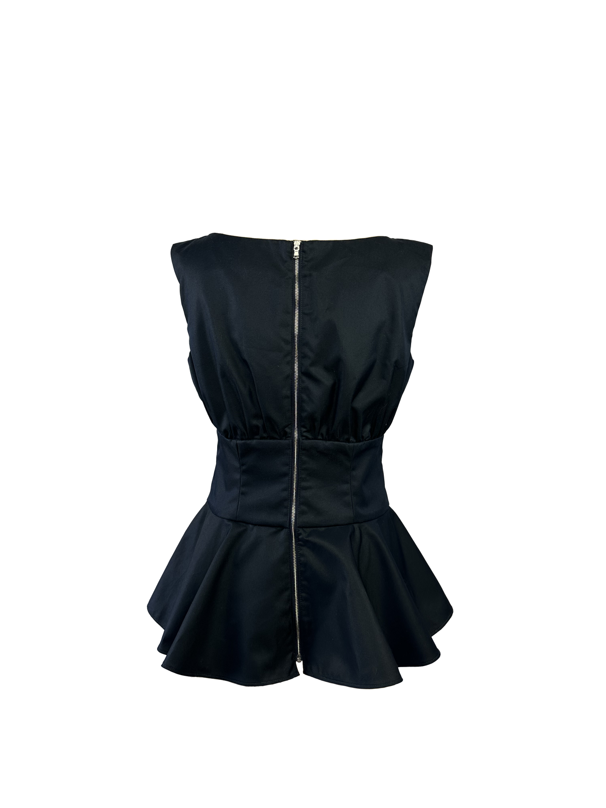 A sleeveless black peplum top with a gathered bodice, wide waistband, and flared peplum skirt - Heike-NY
