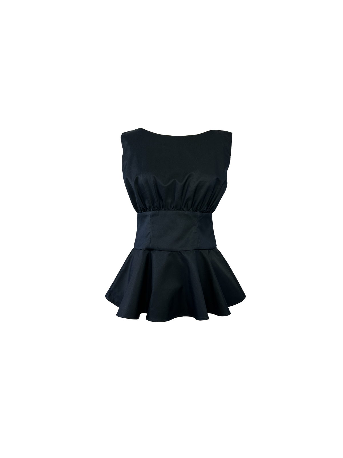 A sleeveless black peplum top with a gathered bodice, wide waistband, and flared peplum skirt - Heike-NY