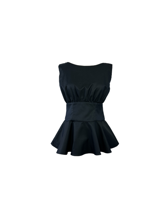 A sleeveless black peplum top with a gathered bodice, wide waistband, and flared peplum skirt - Heike-NY