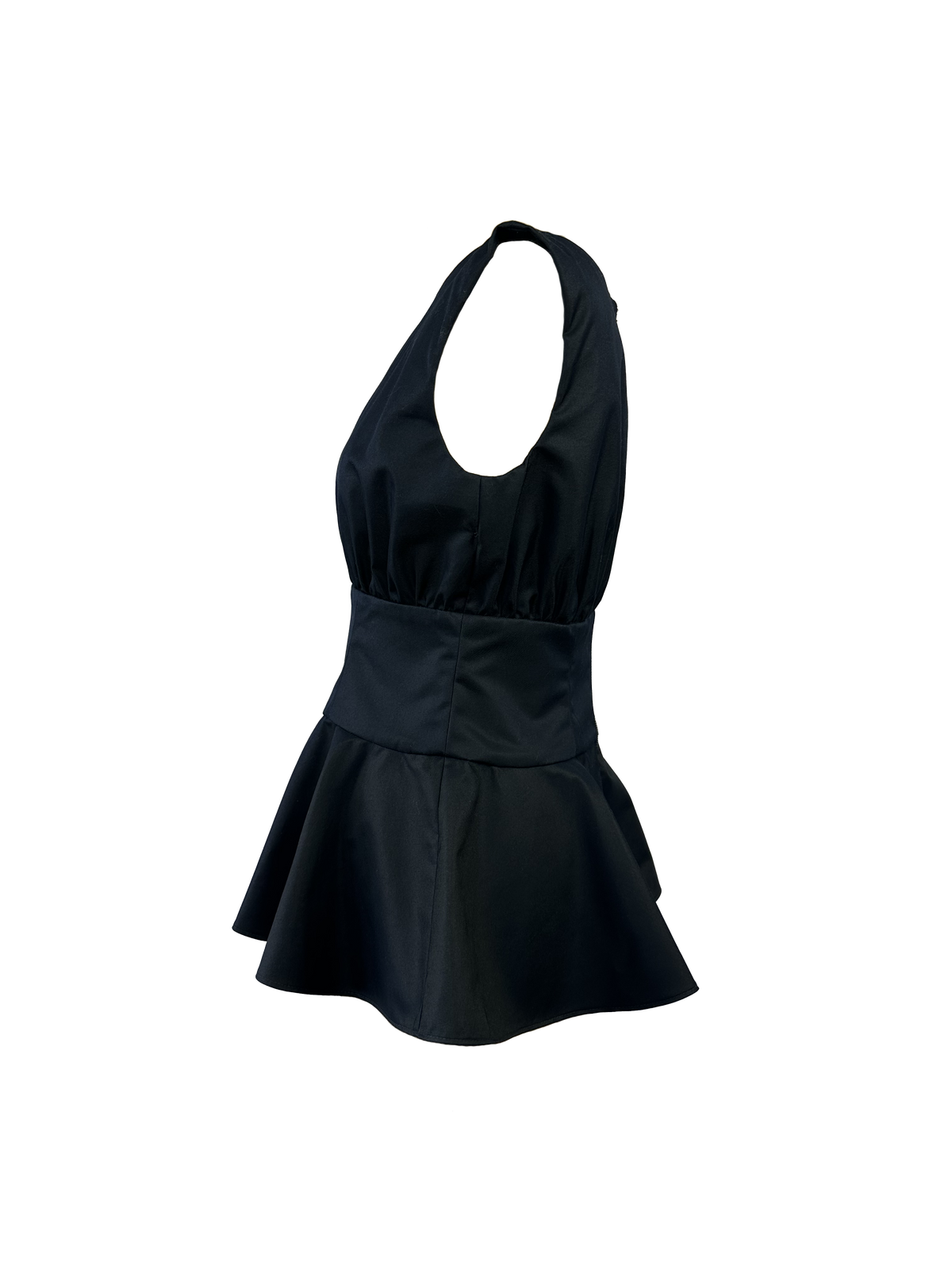 A sleeveless black peplum top with a gathered bodice, wide waistband, and flared peplum skirt - Heike-NY