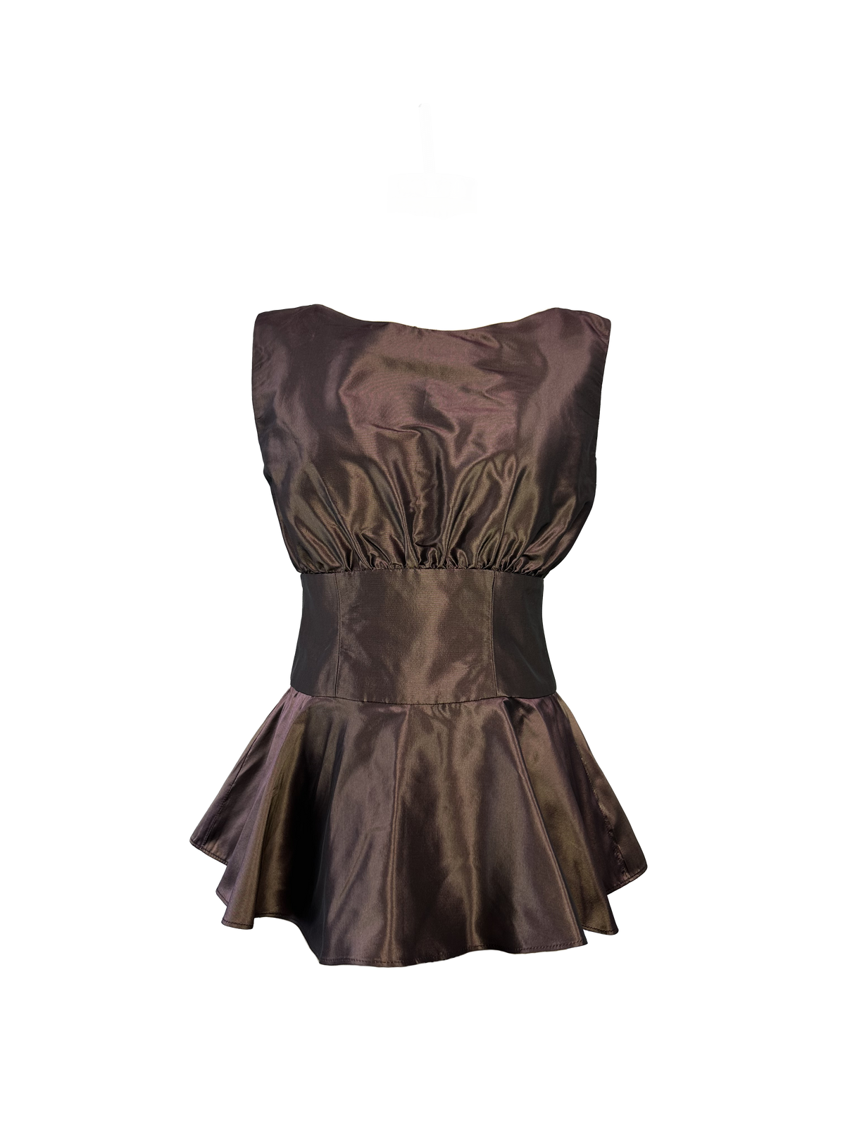 A sleeveless metallic brown peplum top with a gathered bodice, wide waistband, and flared peplum skirt - Heike-NY