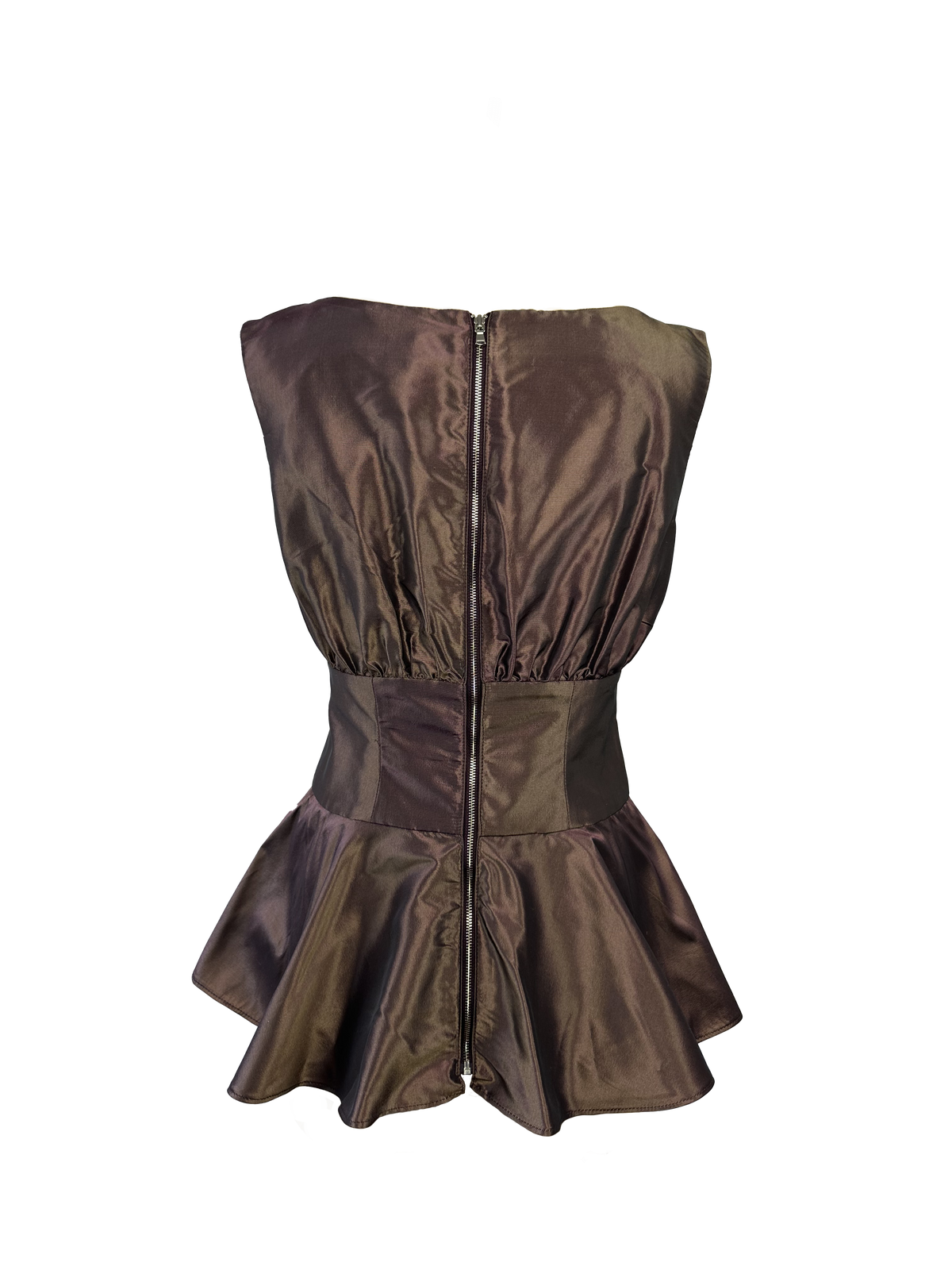 A sleeveless metallic brown peplum top with a gathered bodice, wide waistband, and flared peplum skirt - Heike-NY