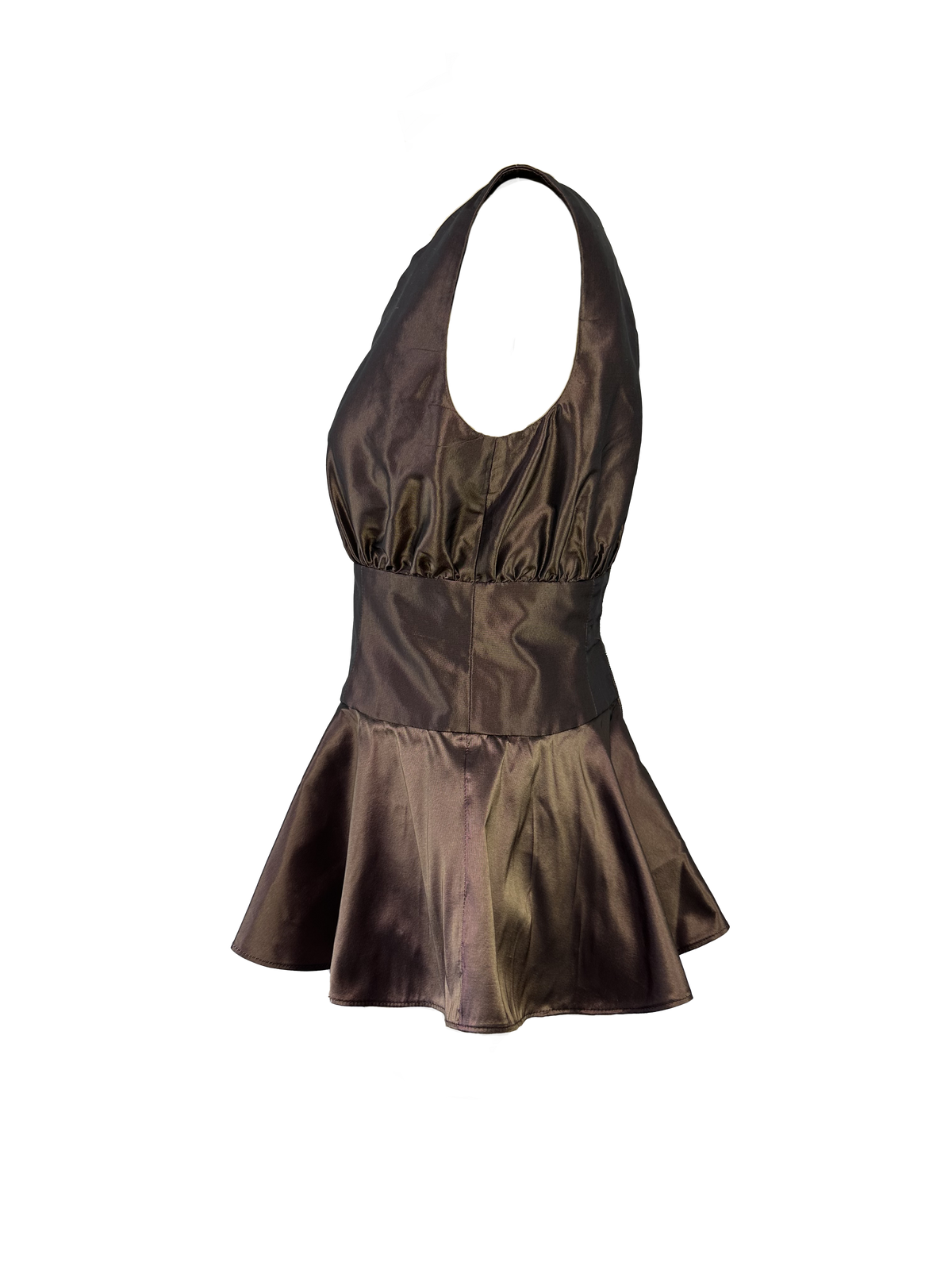 A sleeveless metallic brown peplum top with a gathered bodice, wide waistband, and flared peplum skirt - Heike-NY