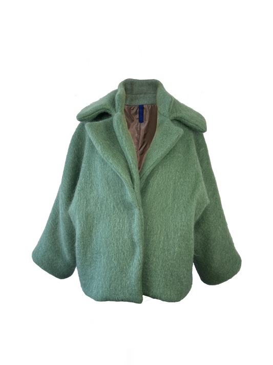 Front of jade green alpaca wool and mohair blend coat with cropped kimono-sleeves and double collars.