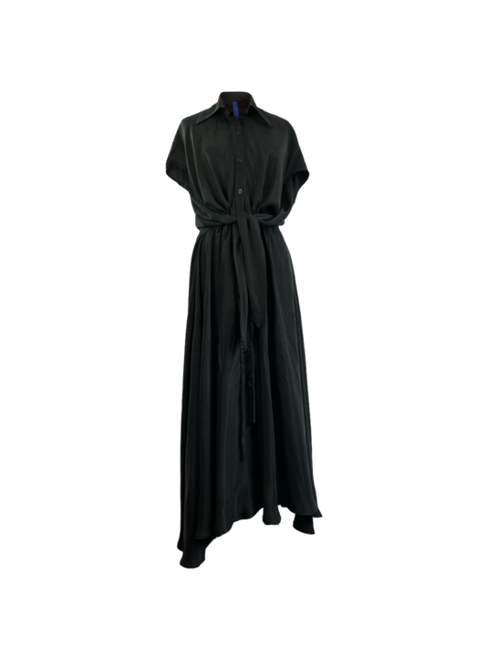 Front of black cupro dress with an adjustable waist and button detailing