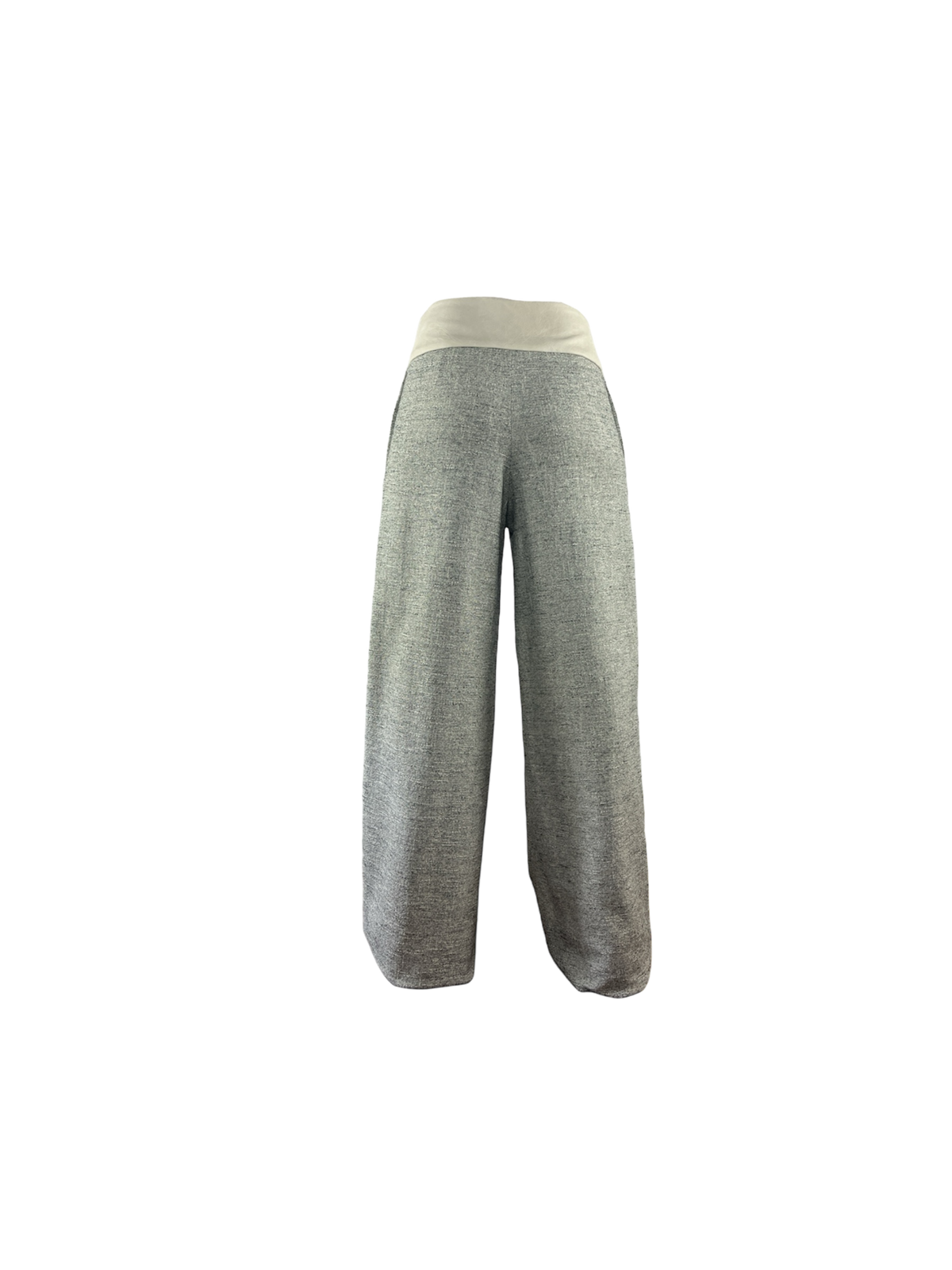 A pair of wide-leg knit pants in heather gray with a contrasting light beige, vegan leather waistband