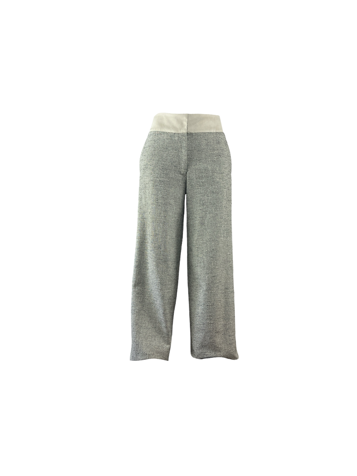 A pair of wide-leg knit pants in heather gray with a contrasting light beige, vegan leather waistband