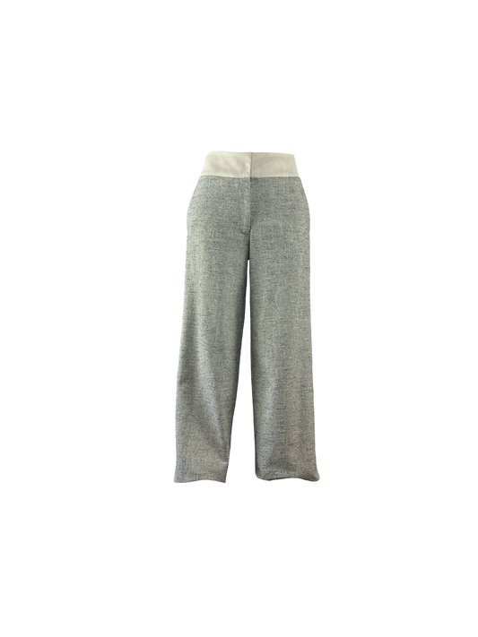 A pair of wide-leg knit pants in heather gray with a contrasting light beige, vegan leather waistband