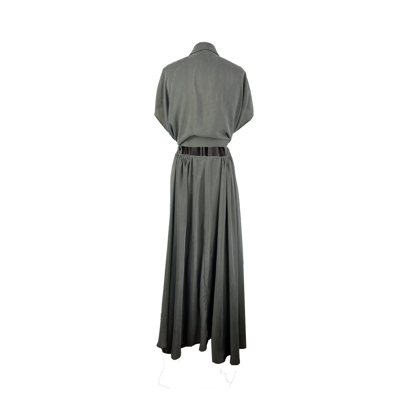 Back of olive cupro dress with an adjustable waist and button detailing
